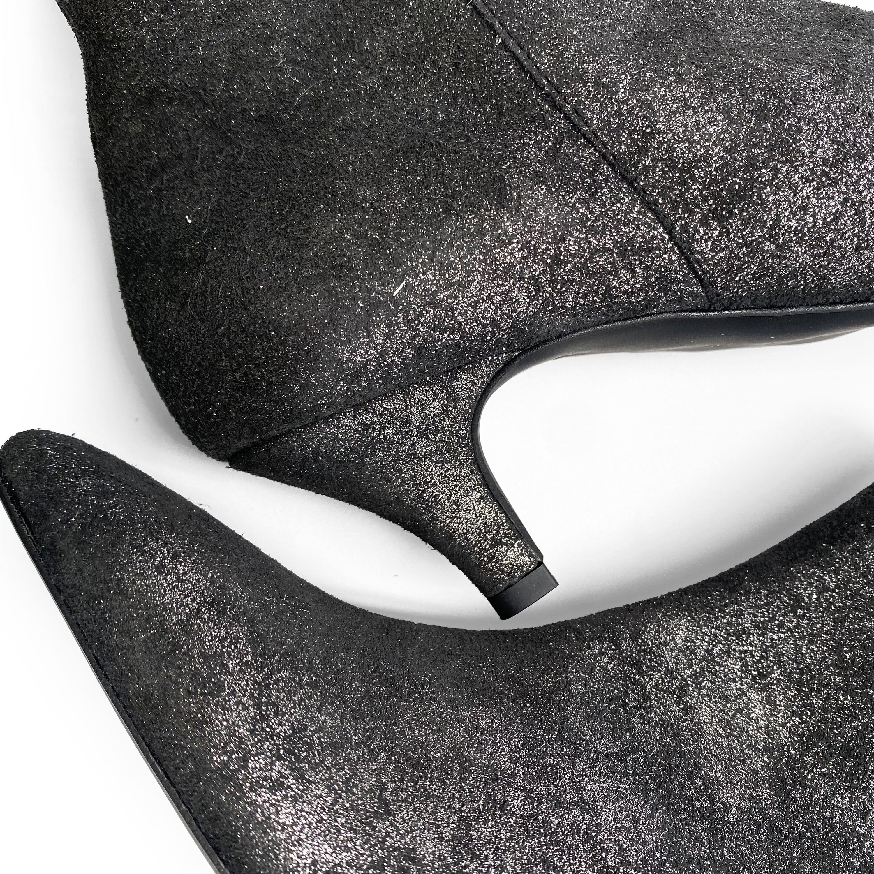 Laminated, metallic black leather ankle boots with heel