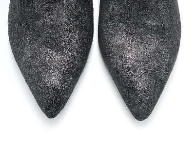 Laminated, metallic black leather ankle boots with heel