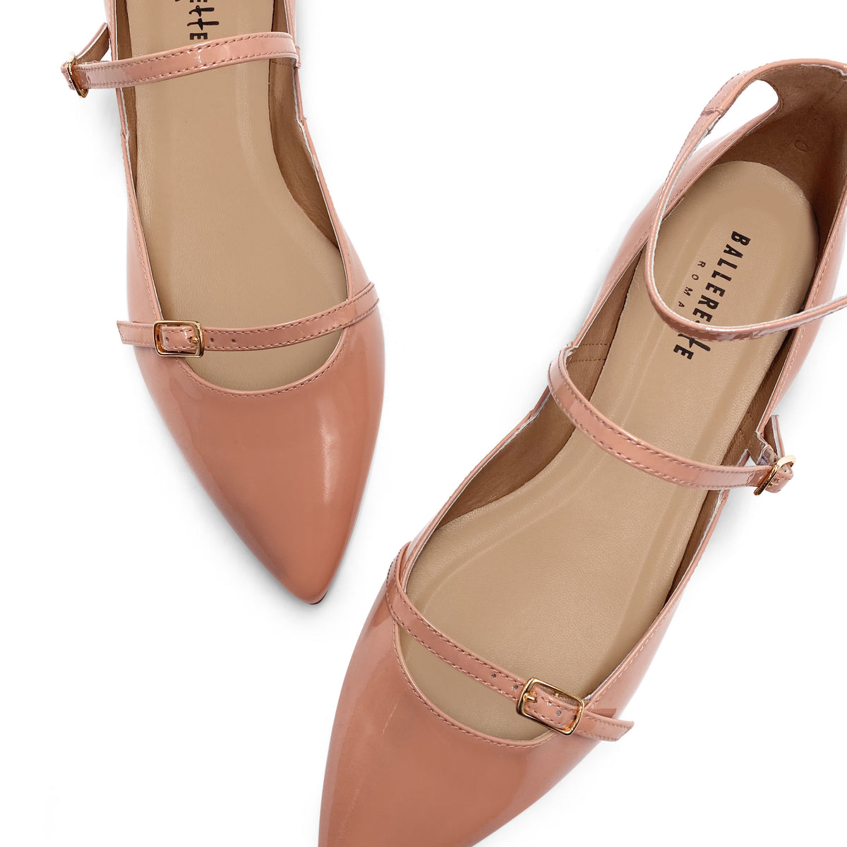 Ballerines à brides en cuir verni rose poudré