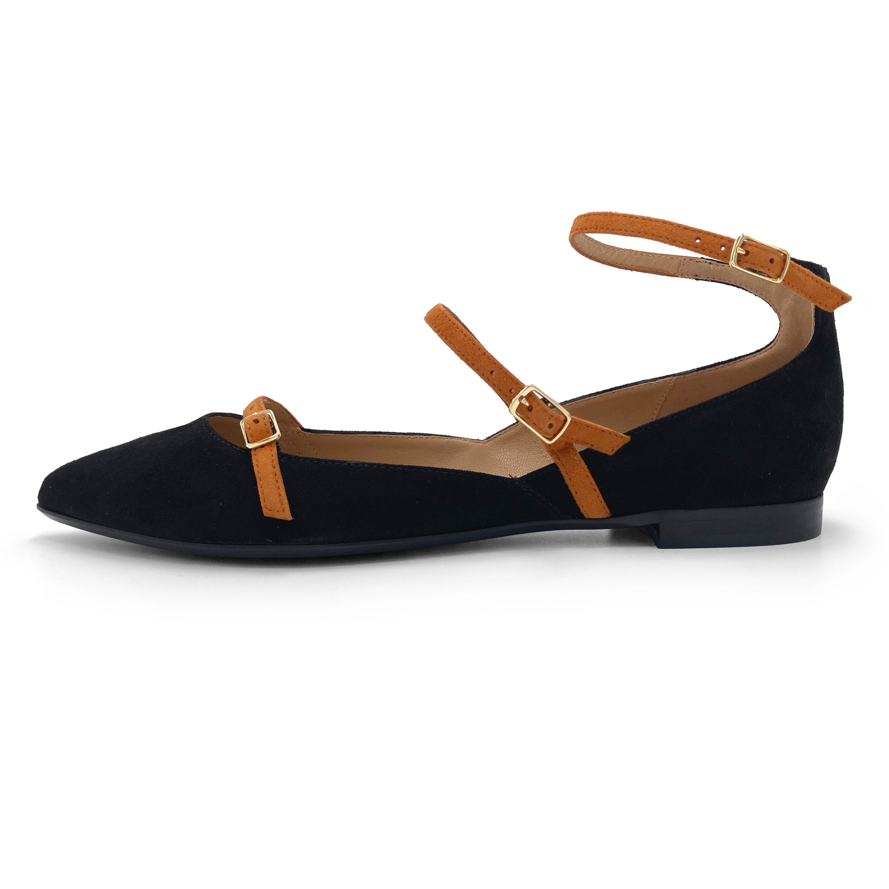 Ballerinas mit spitzer Form aus schwarzem Wildleder mit beigefarbenen Riemchen