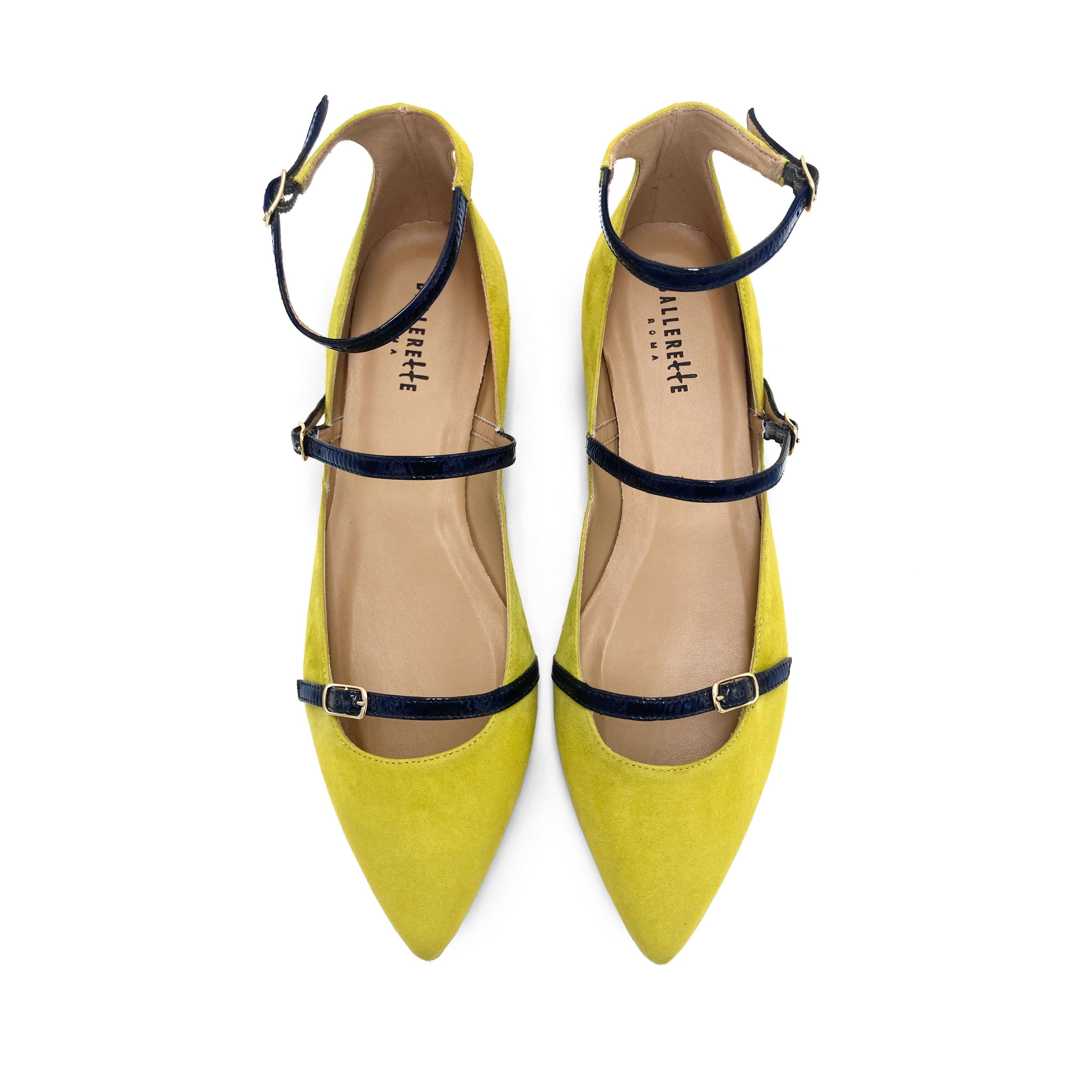 Ballerine verdi in camoscio con cinturini blu