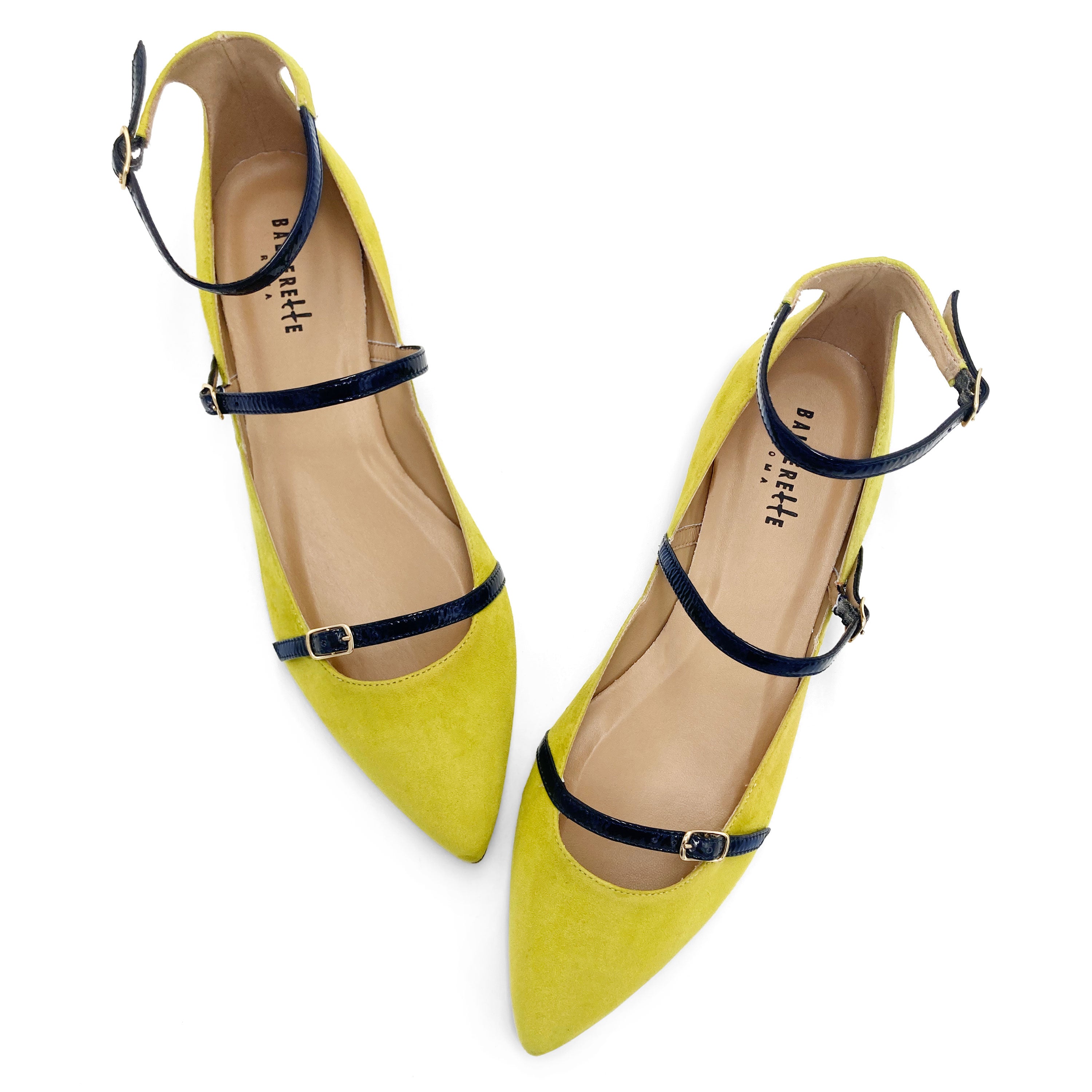 Ballerine verdi in camoscio con cinturini blu