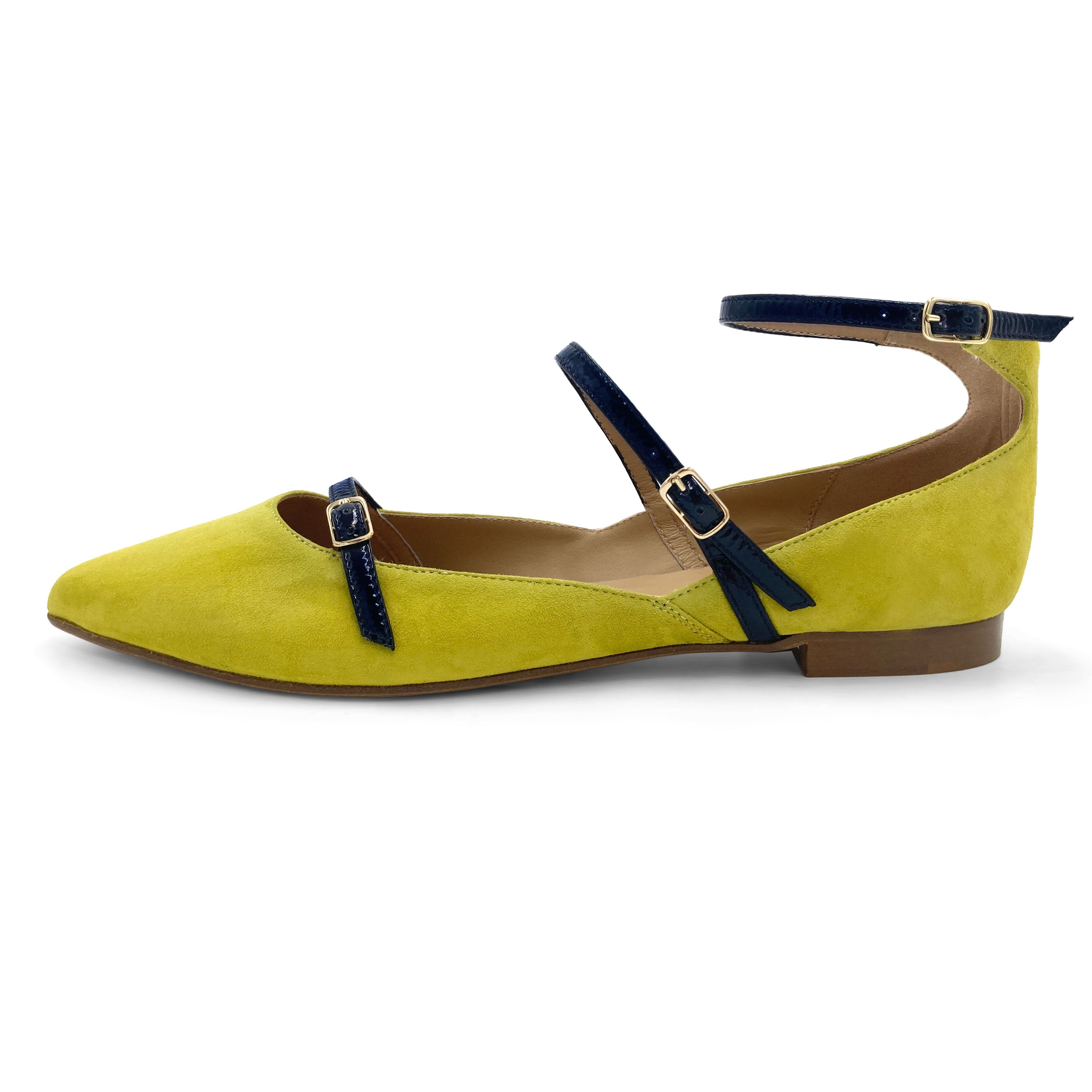 Ballerine verdi in camoscio con cinturini blu