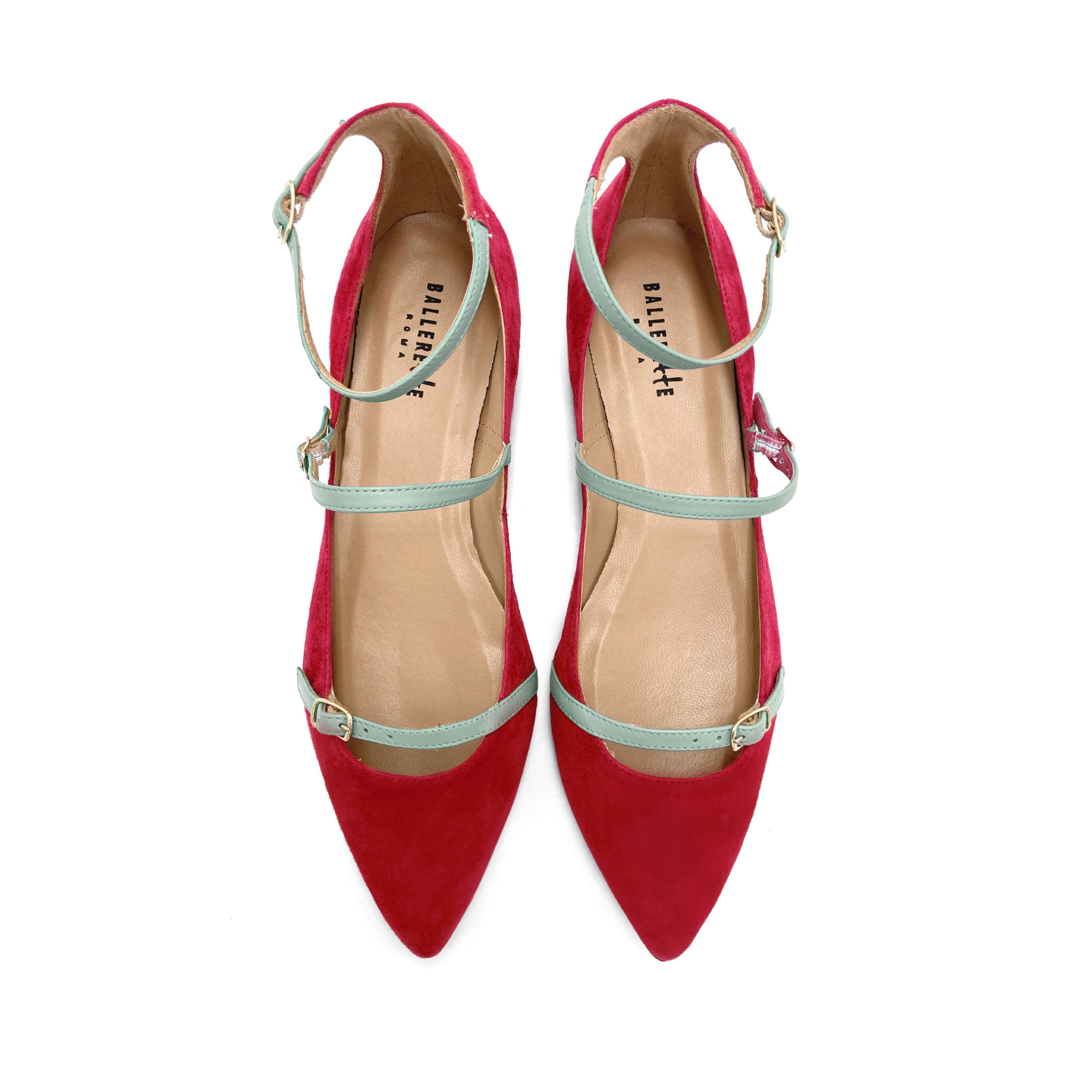 Ballerine rosse in camoscio con cinturini turchesi