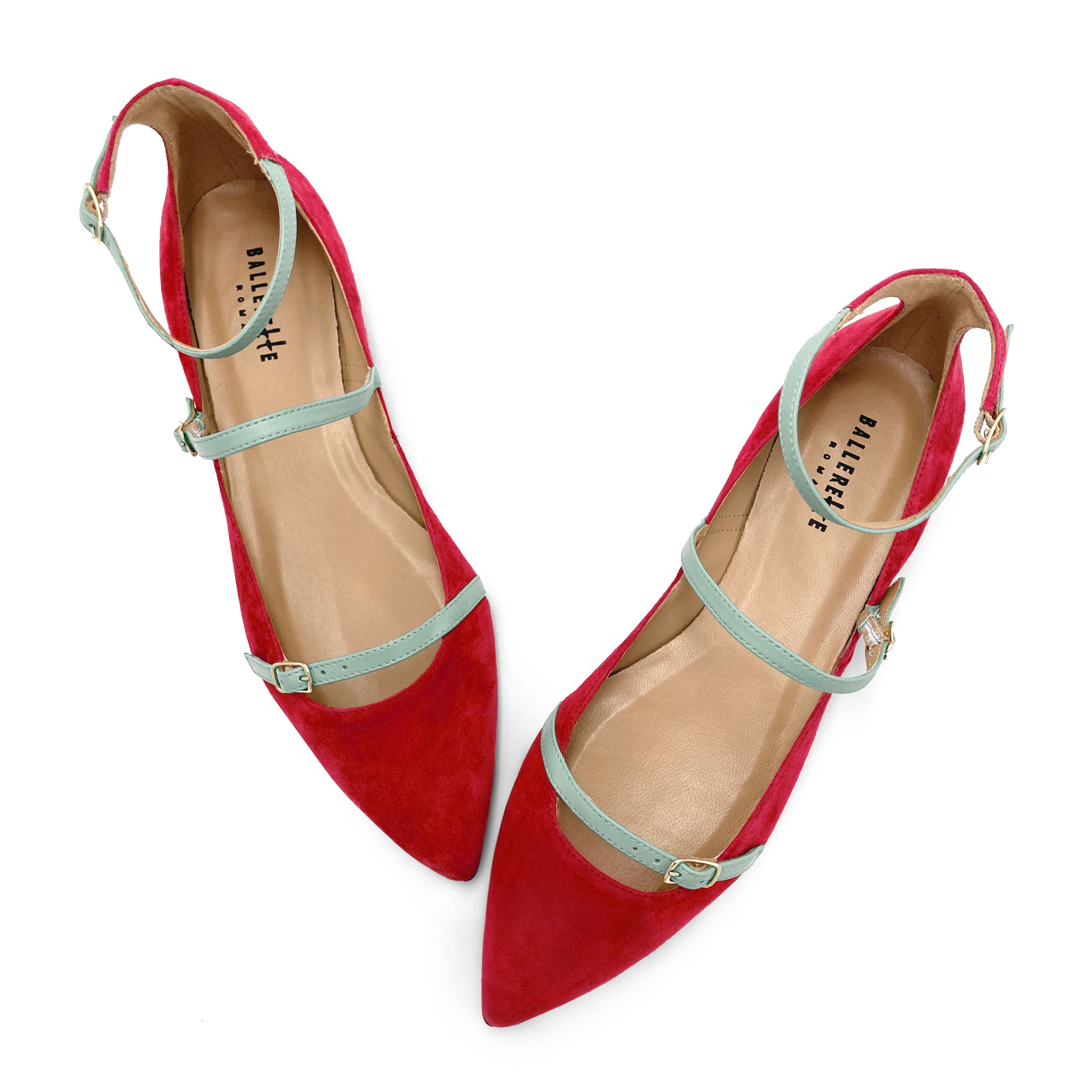Ballerine rosse in camoscio con cinturini turchesi