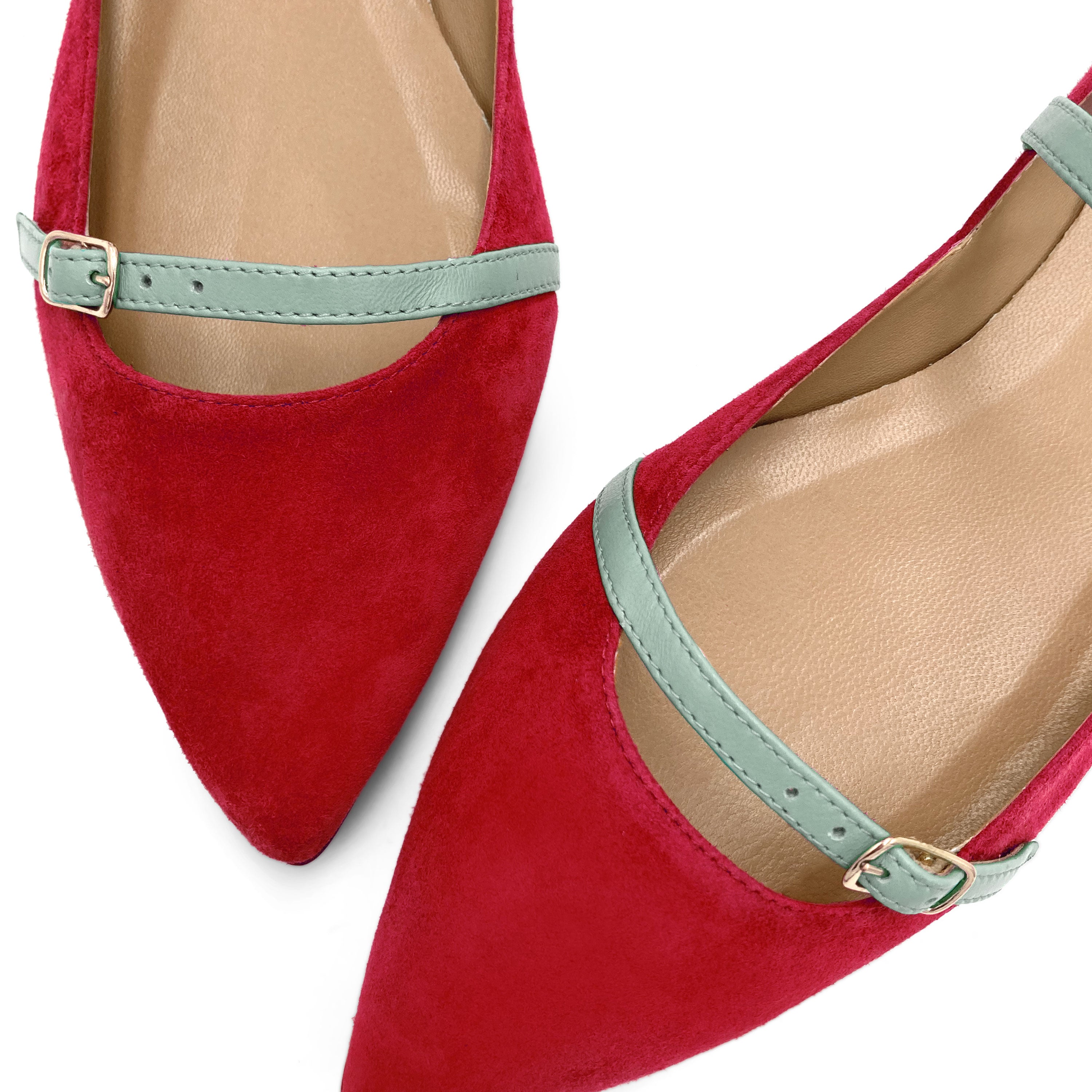 Ballerine rosse in camoscio con cinturini turchesi