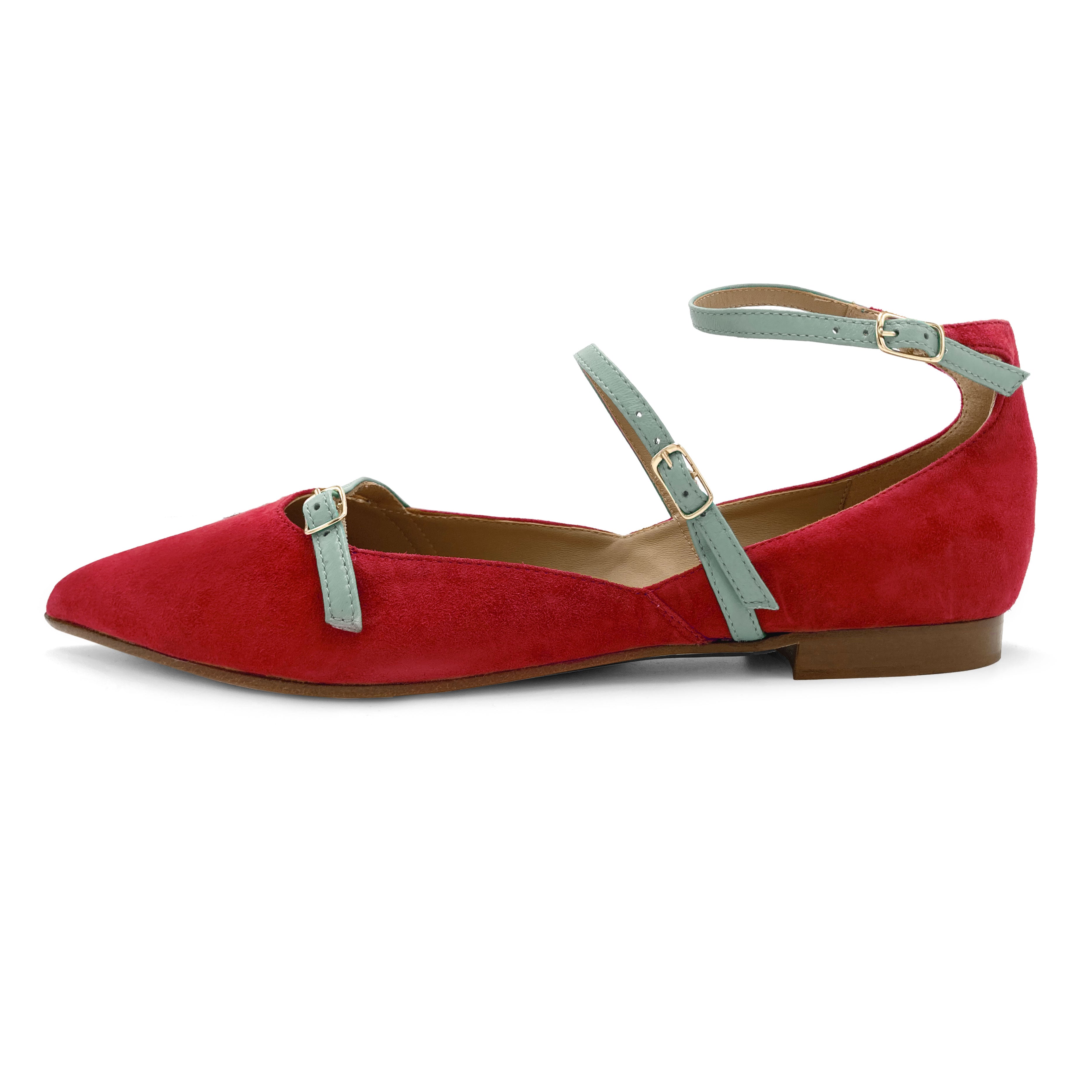 Ballerine rosse in camoscio con cinturini turchesi