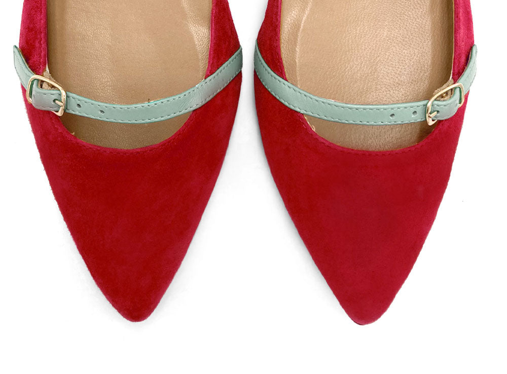 Ballerine rosse in camoscio con cinturini turchesi