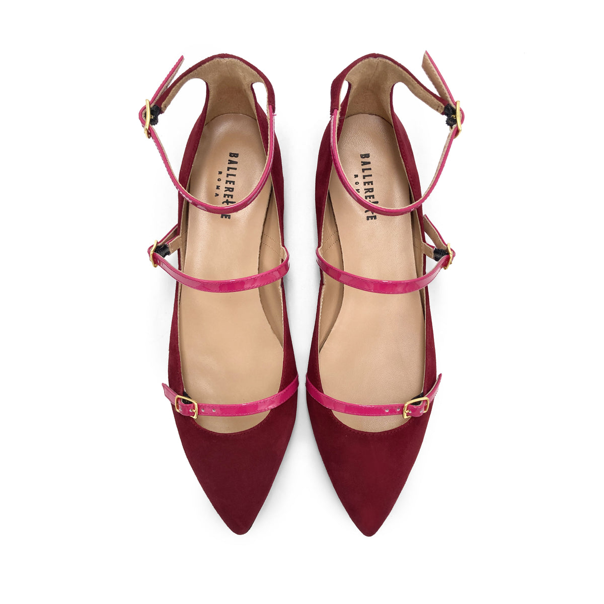 Ballerine a punta bordeaux in camoscio con cinturini fucsia