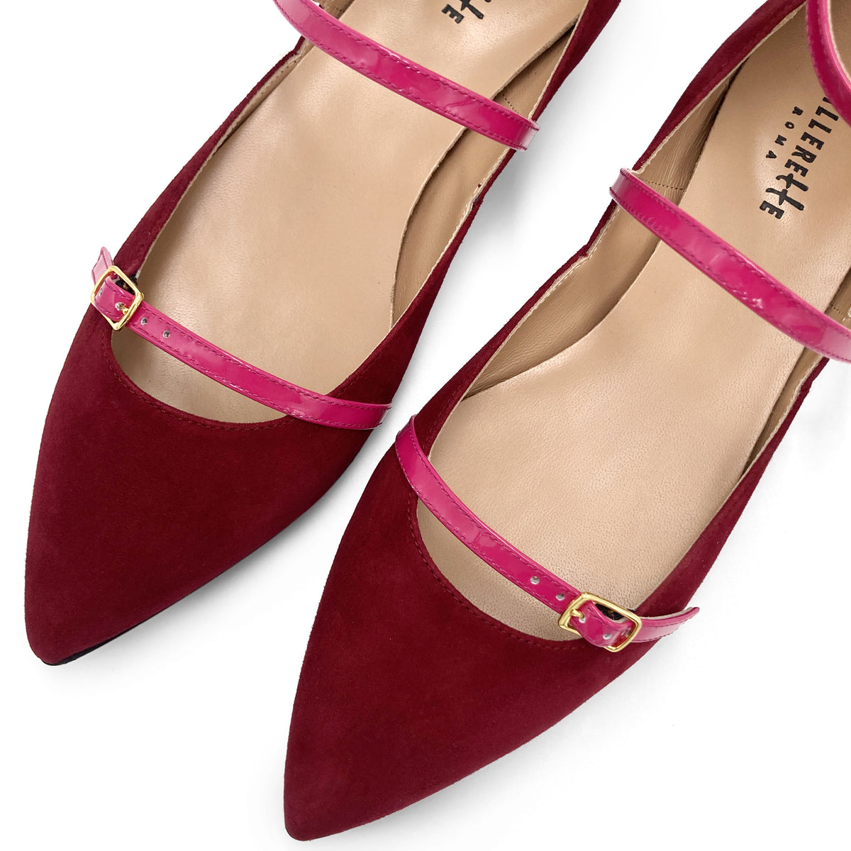 Bordeaux suede pointed-toe ballet flats with fuchsia straps