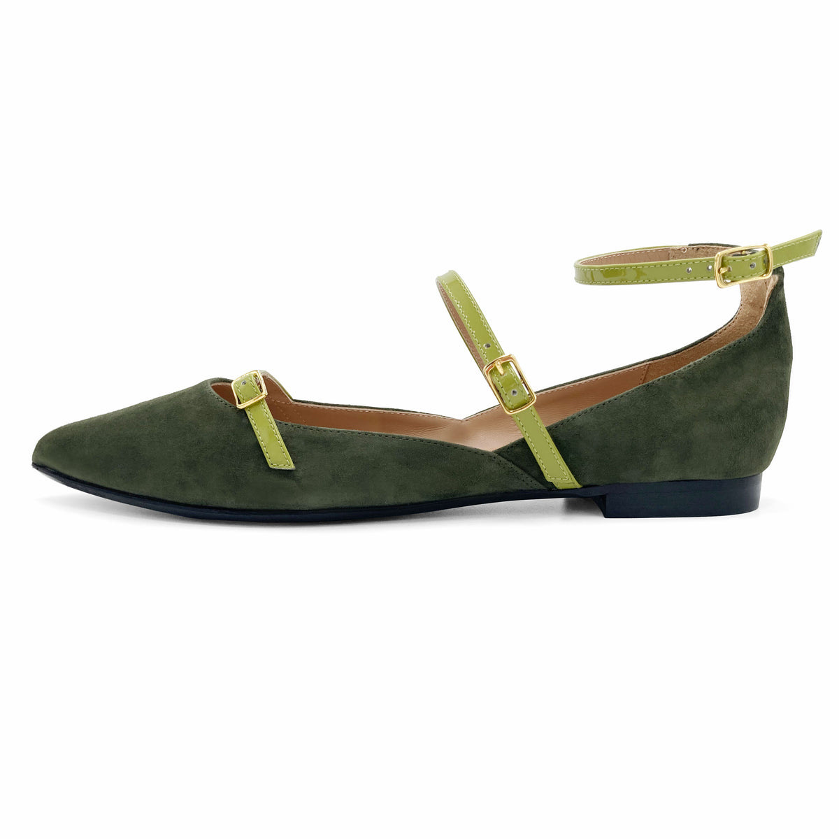 Ballerine a punta verde oliva in camoscio con cinturini lime