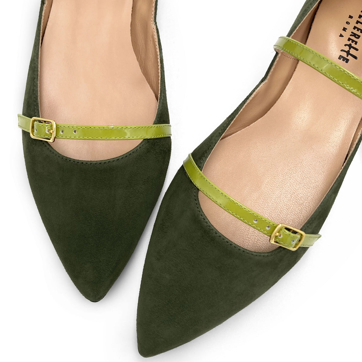 Ballerine a punta verde oliva in camoscio con cinturini lime