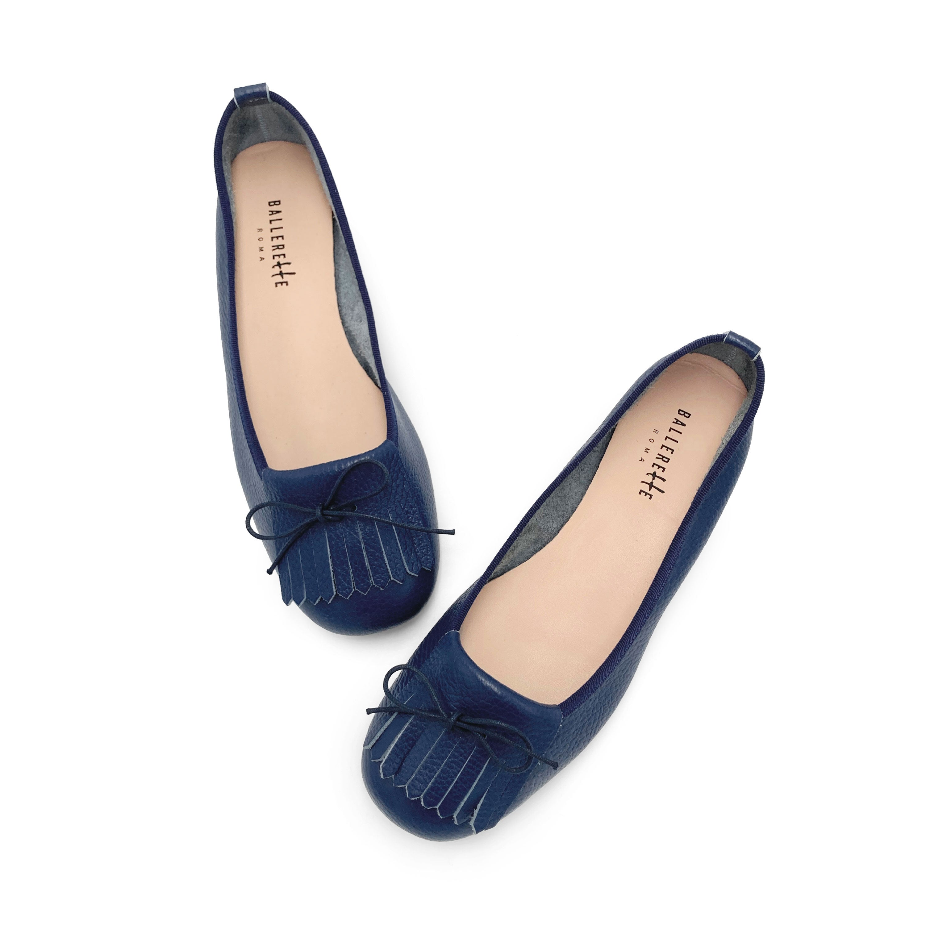 Mocassini da donna blu in pelle con frangia