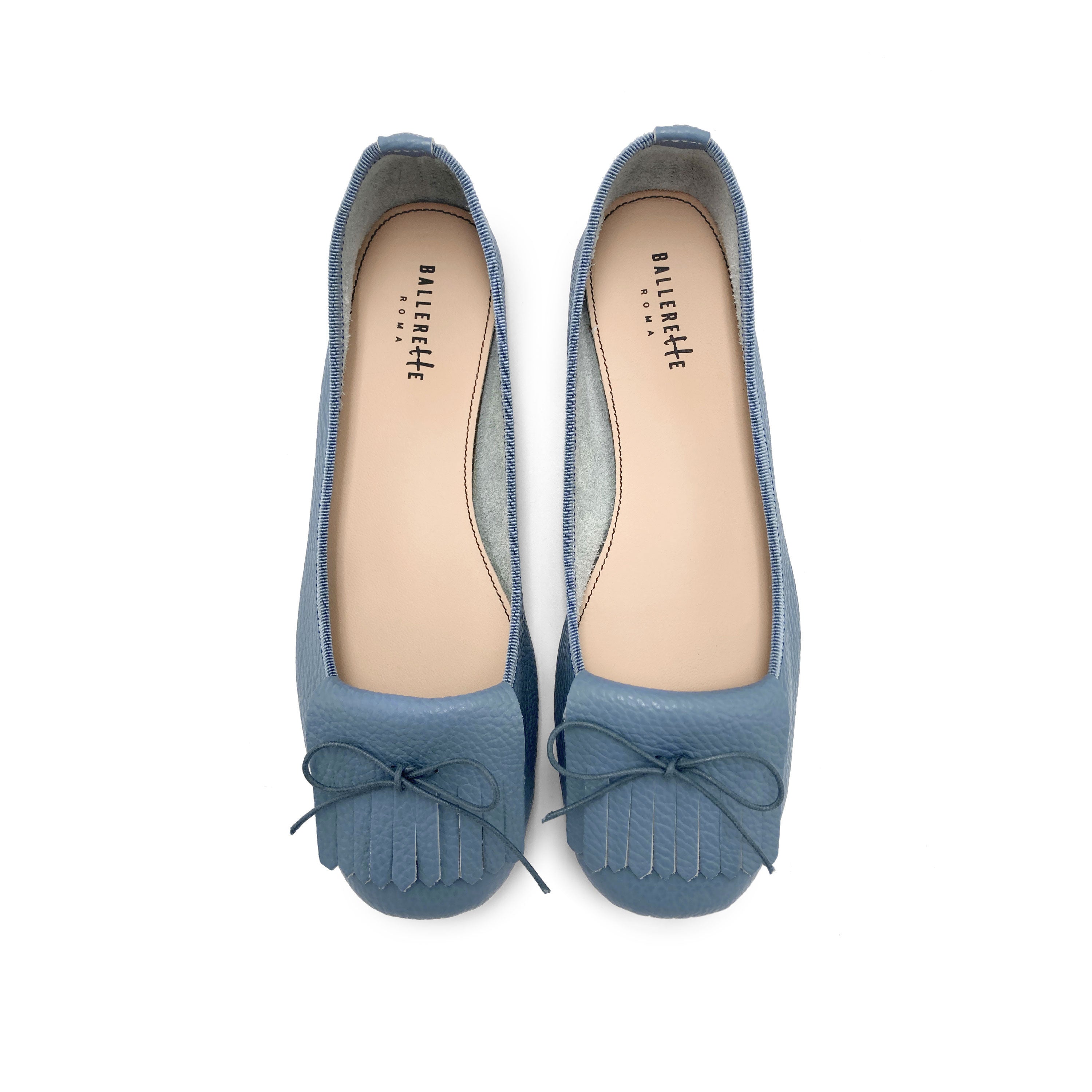 Mocassini da donna blu jeans in pelle con frangia