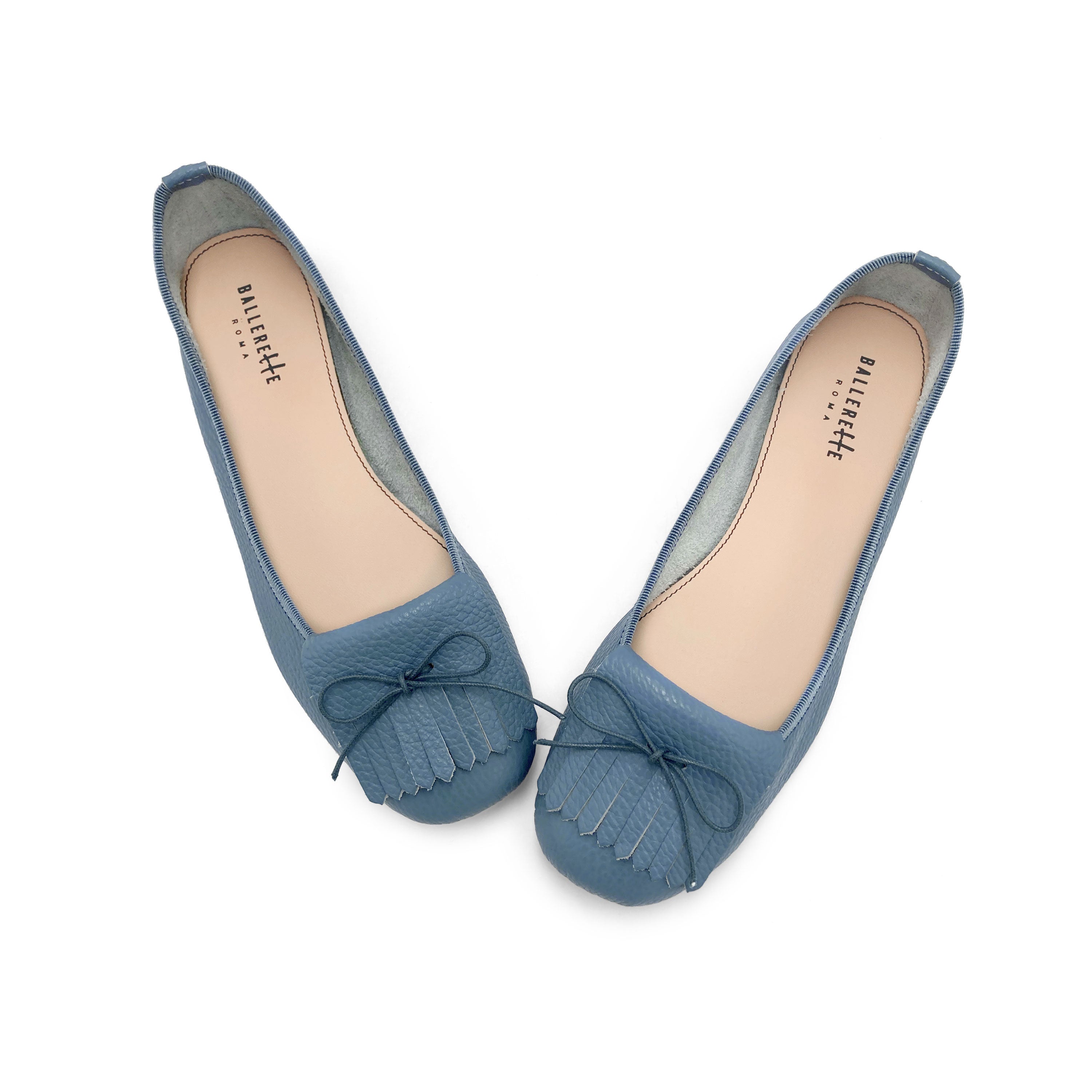 Mocassini da donna blu jeans in pelle con frangia