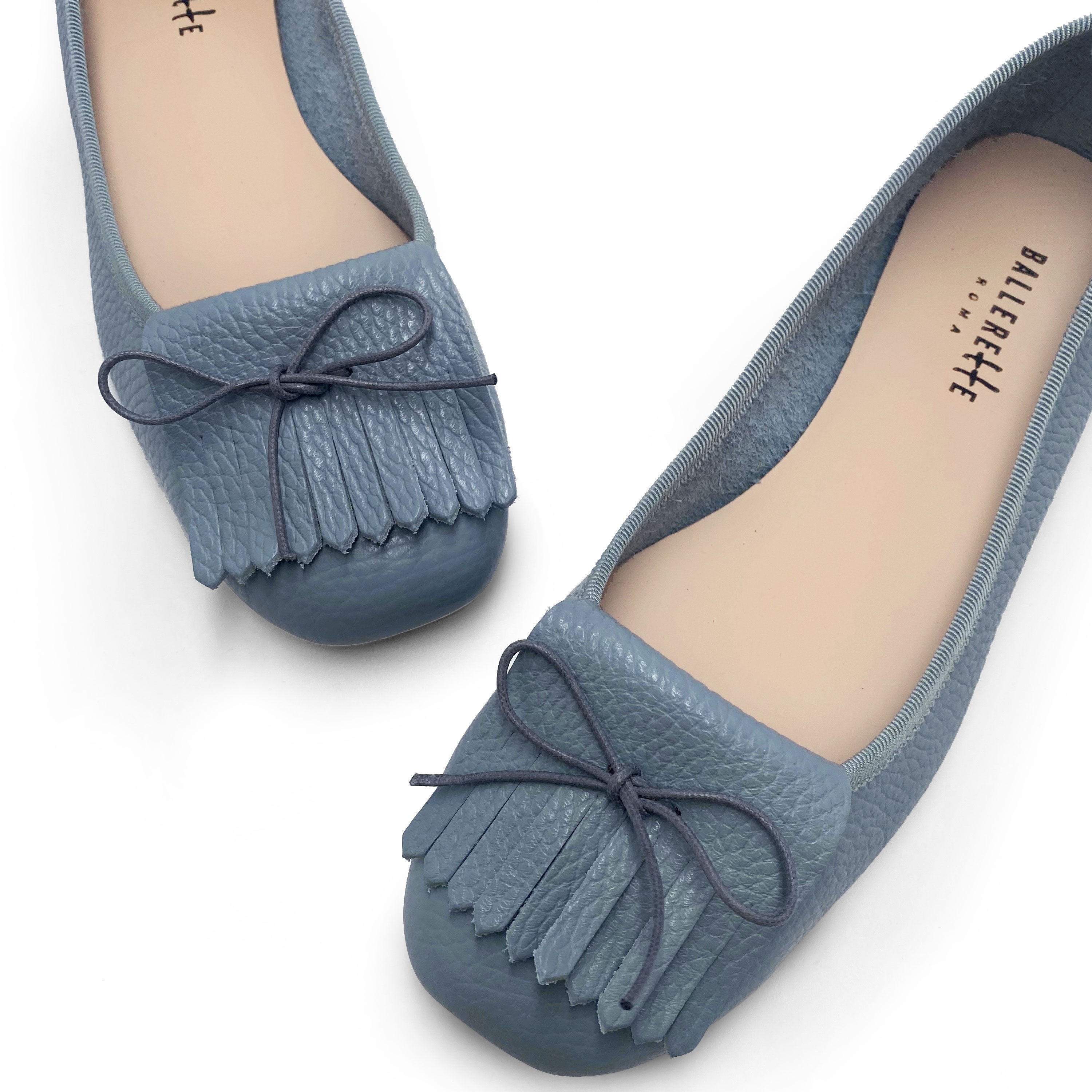 Mocassins femme bleu ciel en cuir à franges