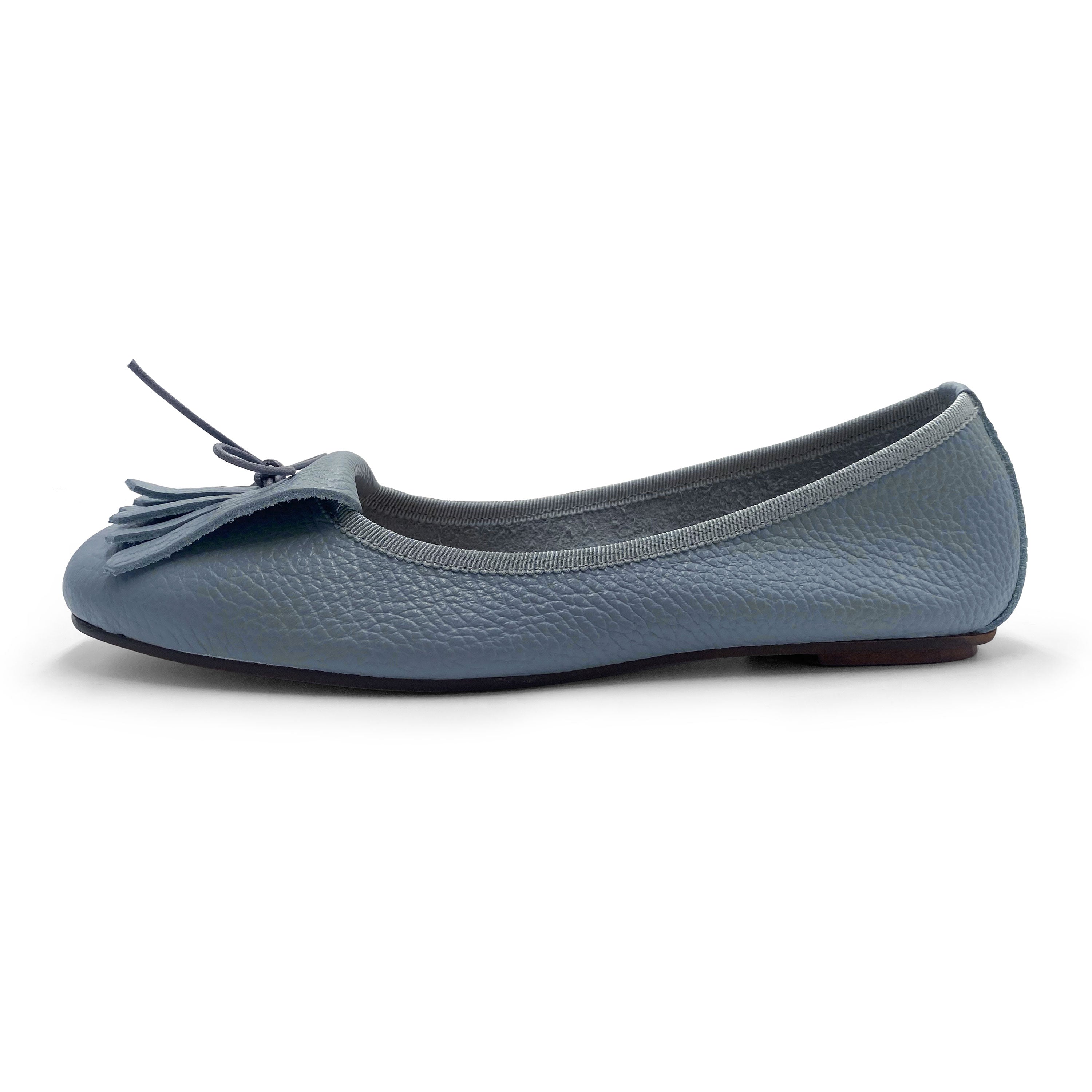 Mocassins femme bleu ciel en cuir à franges