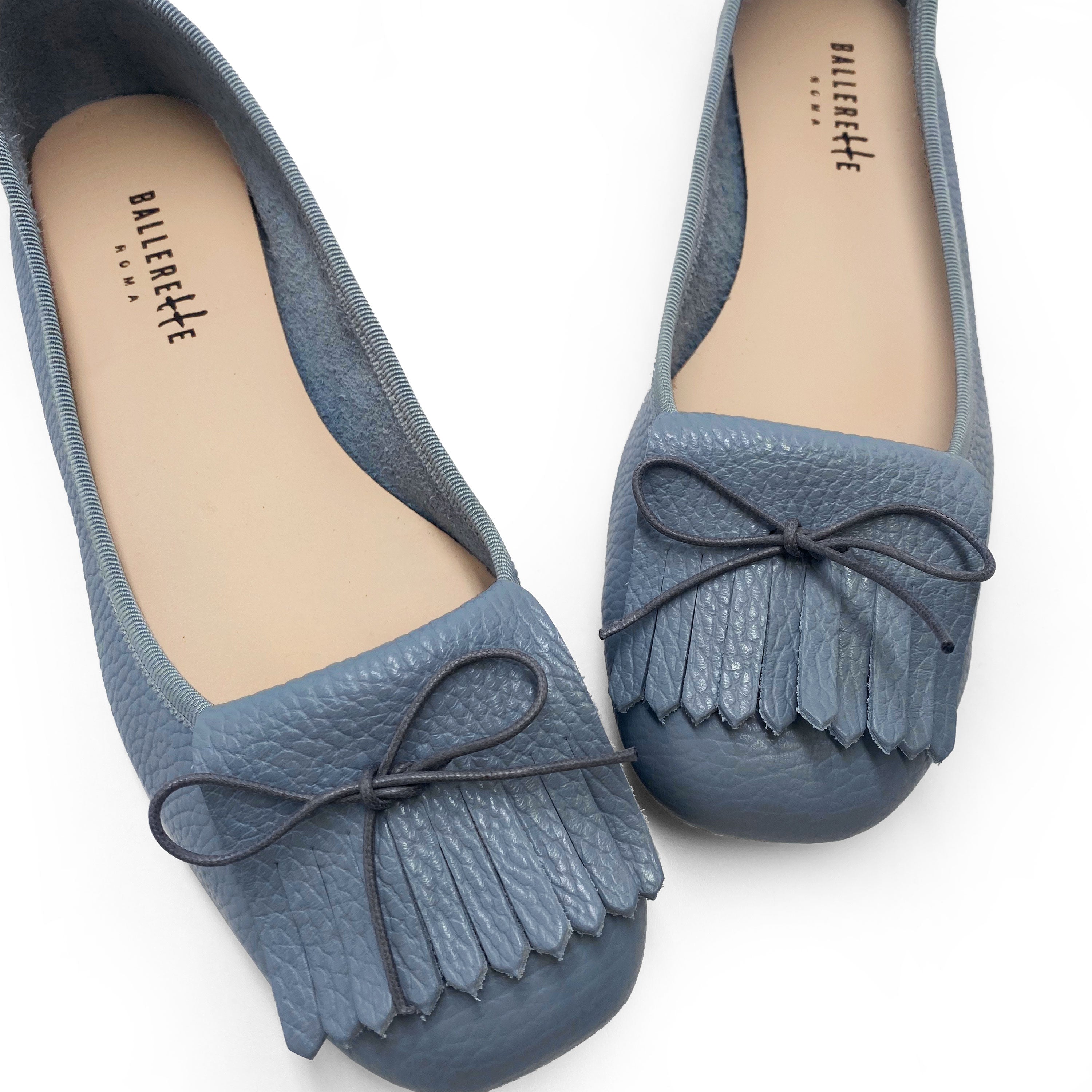 Mocassins femme bleu ciel en cuir à franges