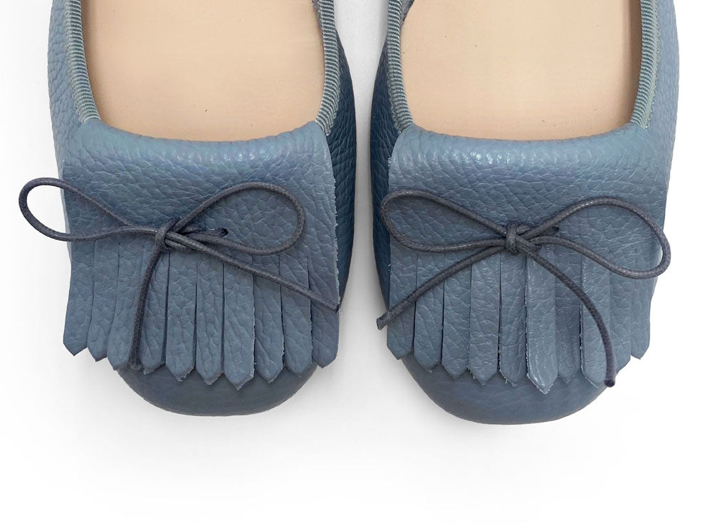 Mocassins femme bleu ciel en cuir à franges