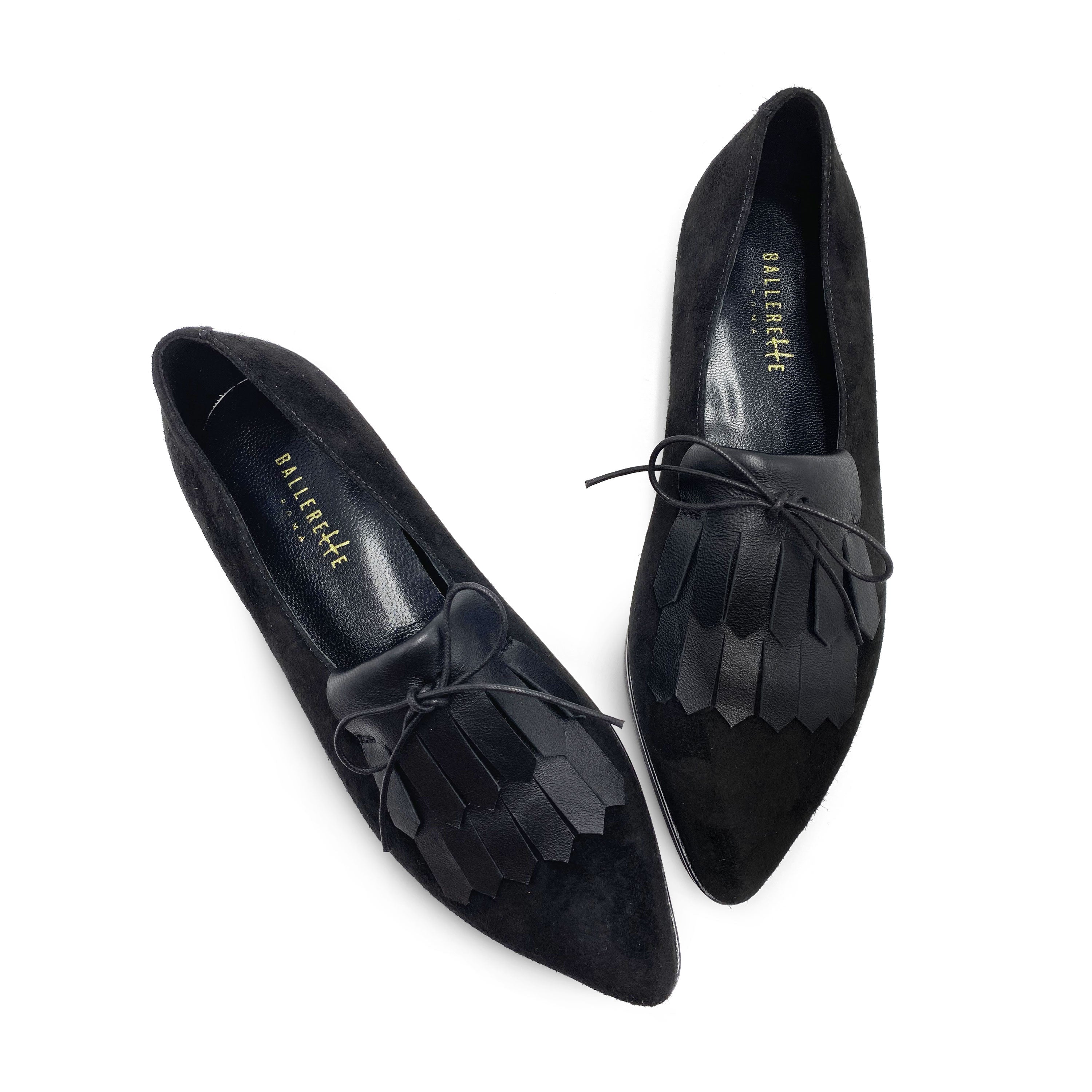 Women’s black suede oxford with leather fringe