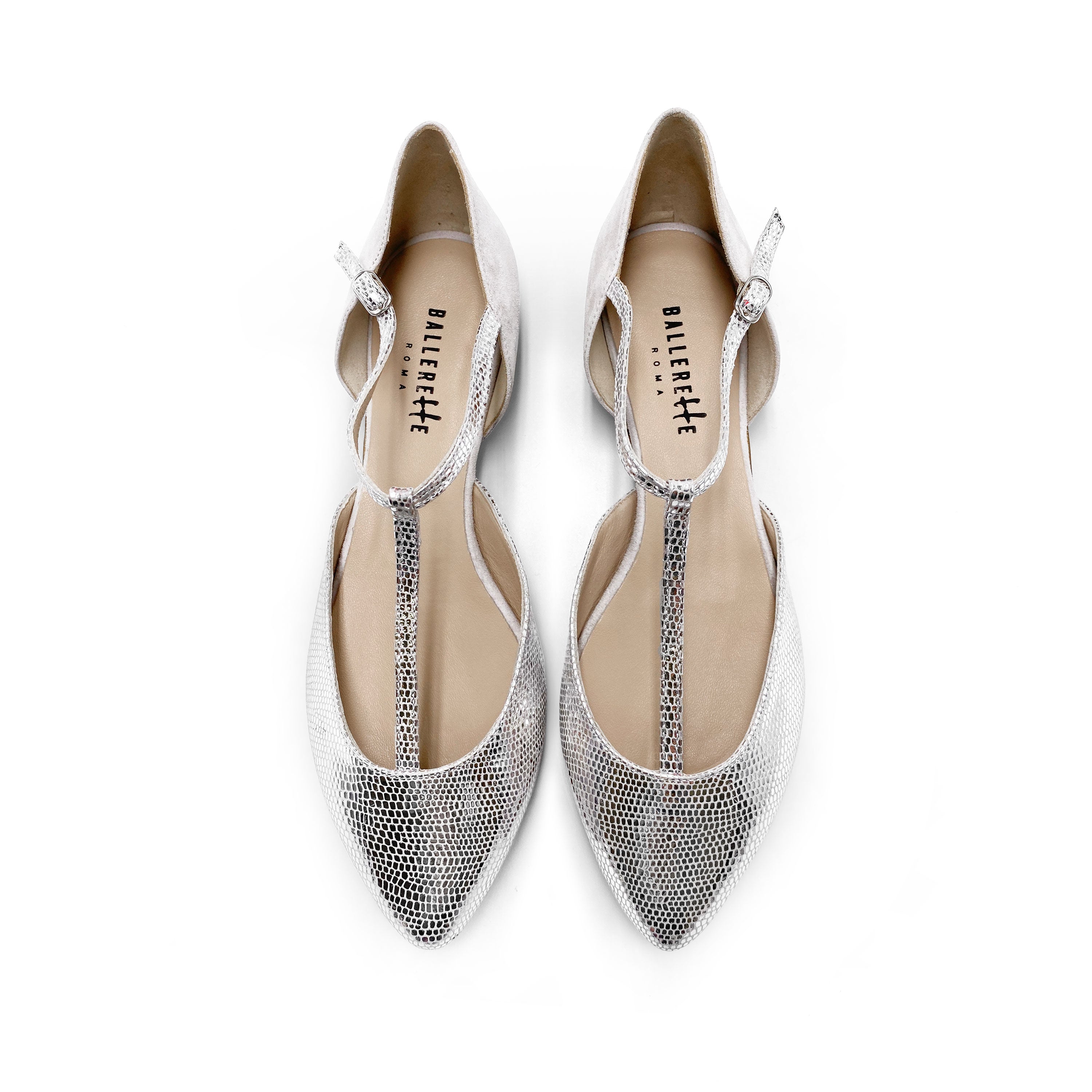 Silver laminated ivory T-bar ballet flats