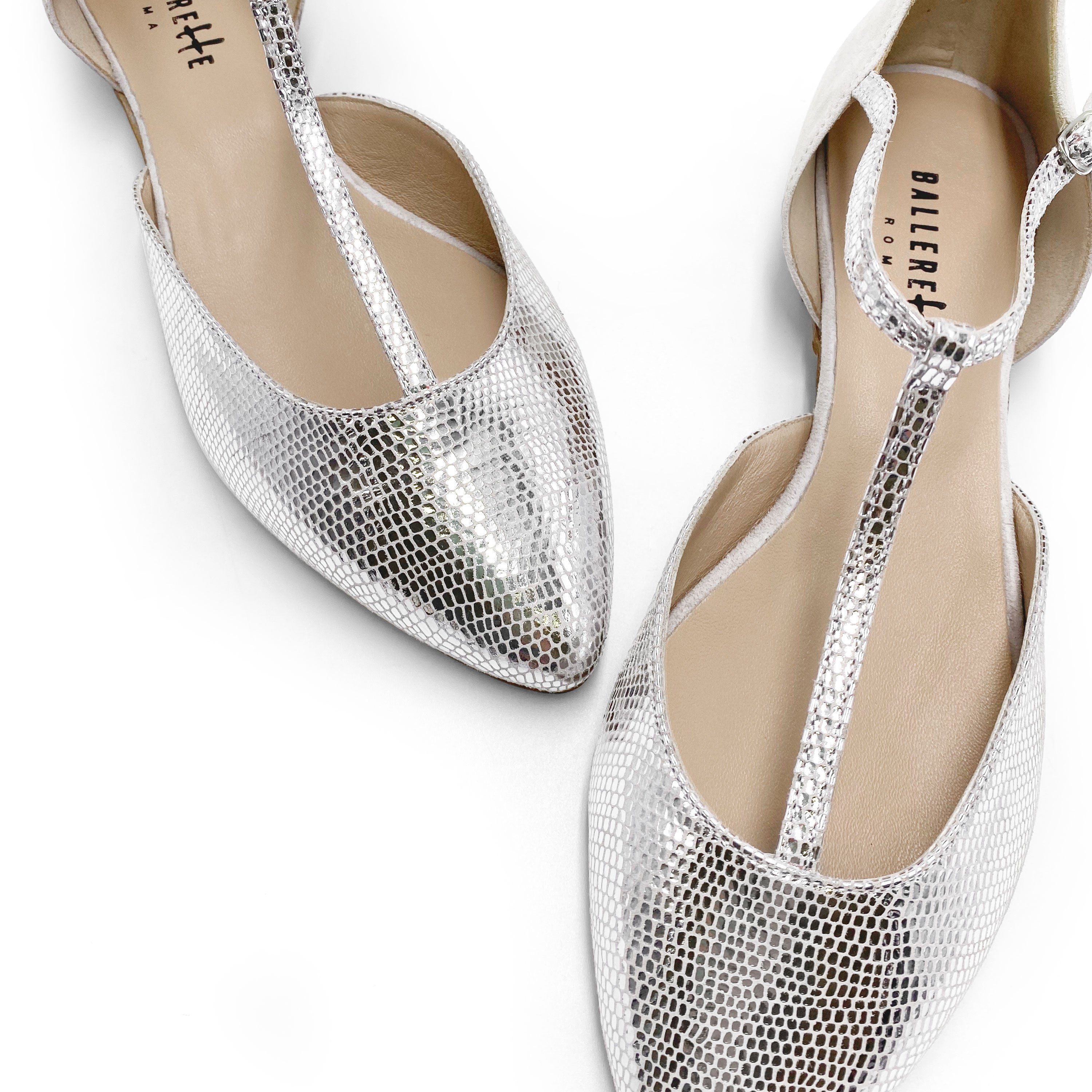 Silver laminated ivory T-bar ballet flats