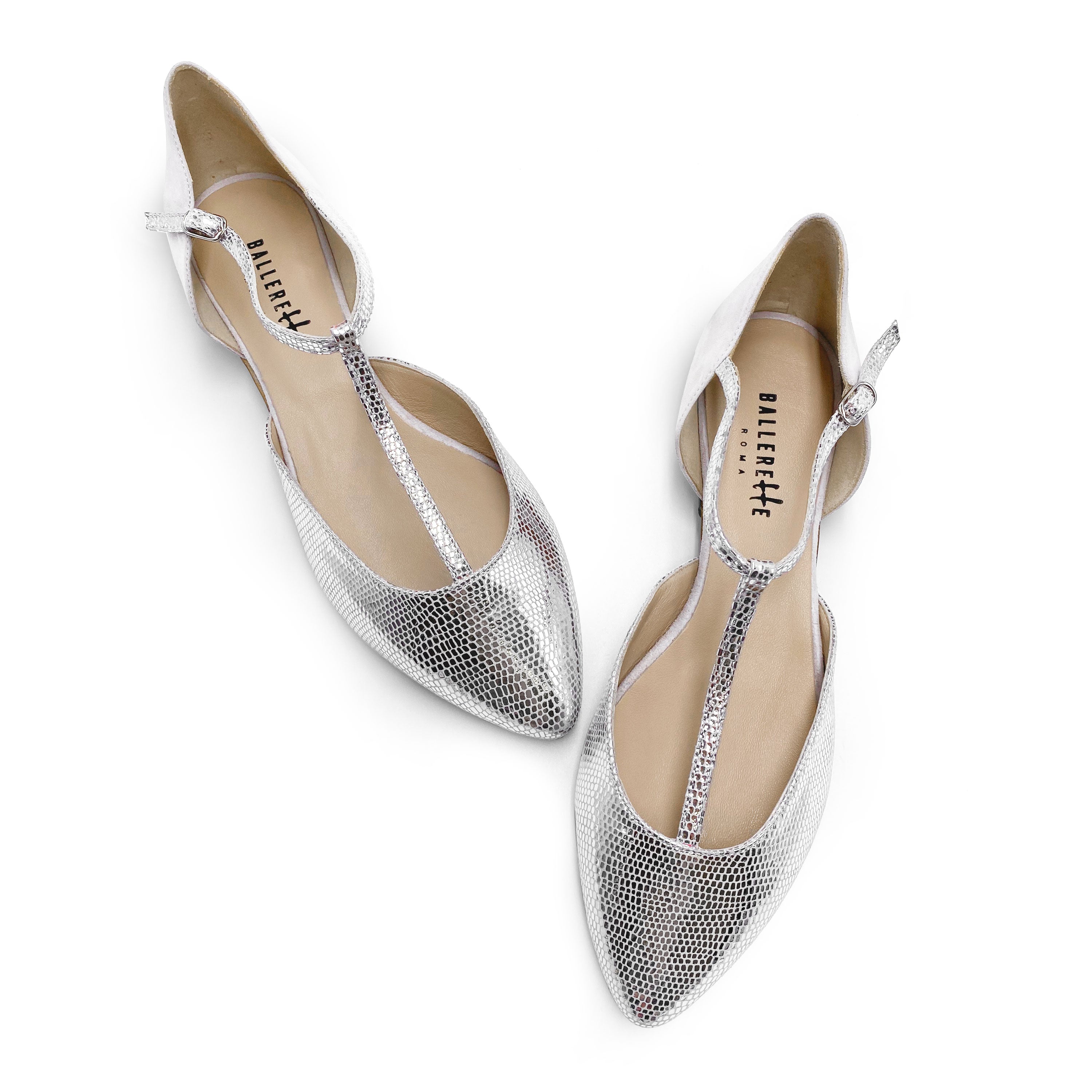 Silver laminated ivory T-bar ballet flats