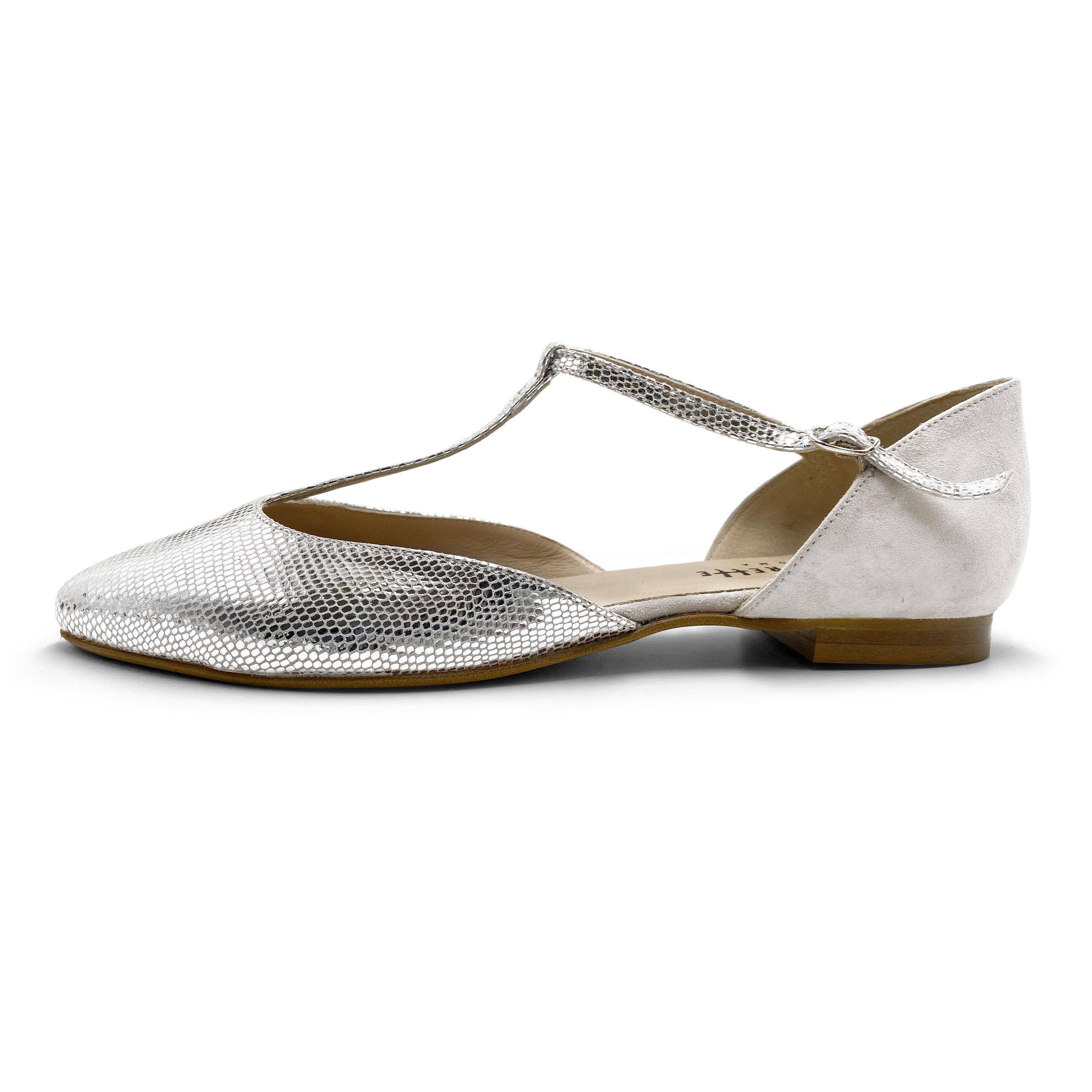 Silver laminated ivory T-bar ballet flats