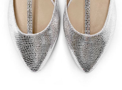 Silver laminated ivory T-bar ballet flats