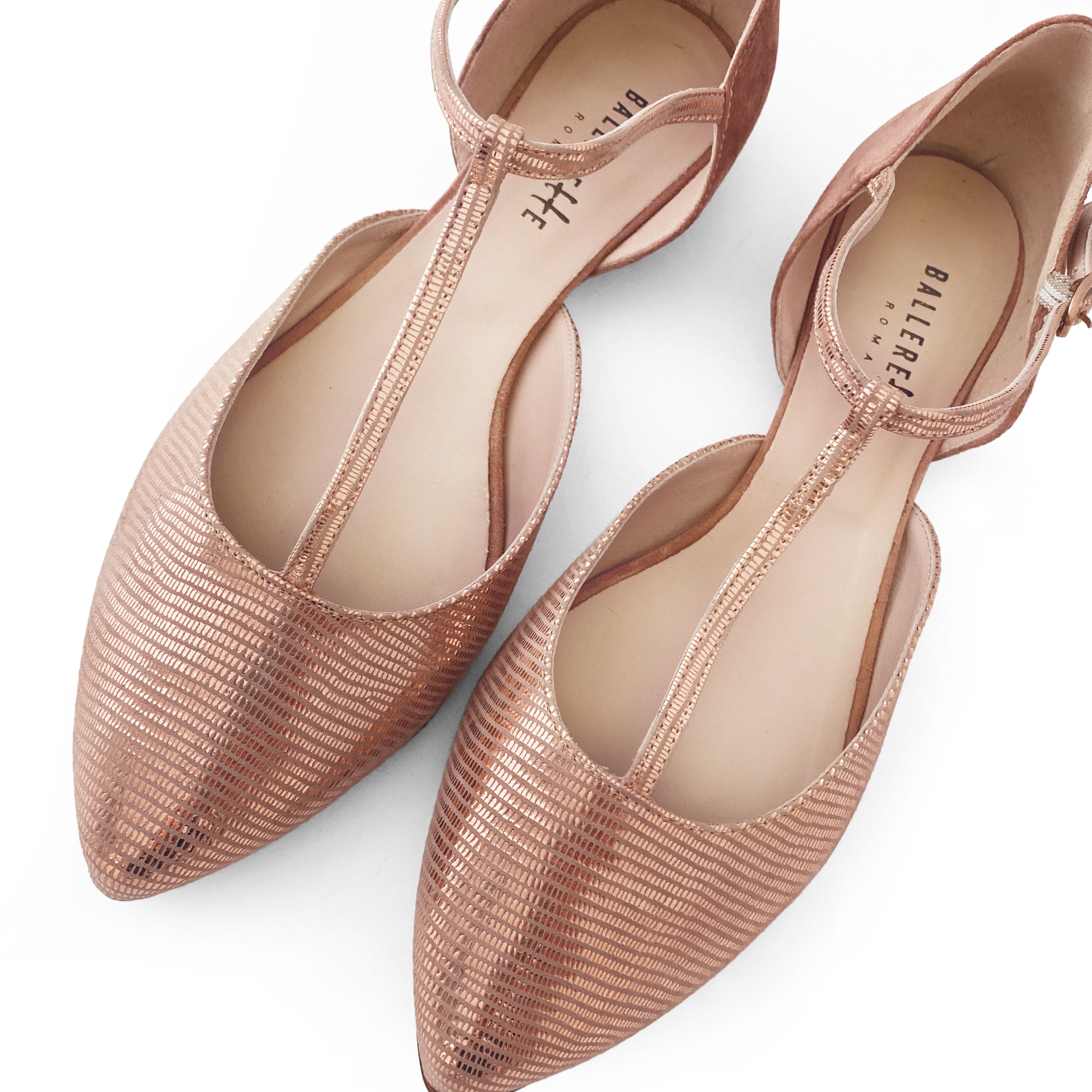 Powder pink laminated suede T-bar ballet flats