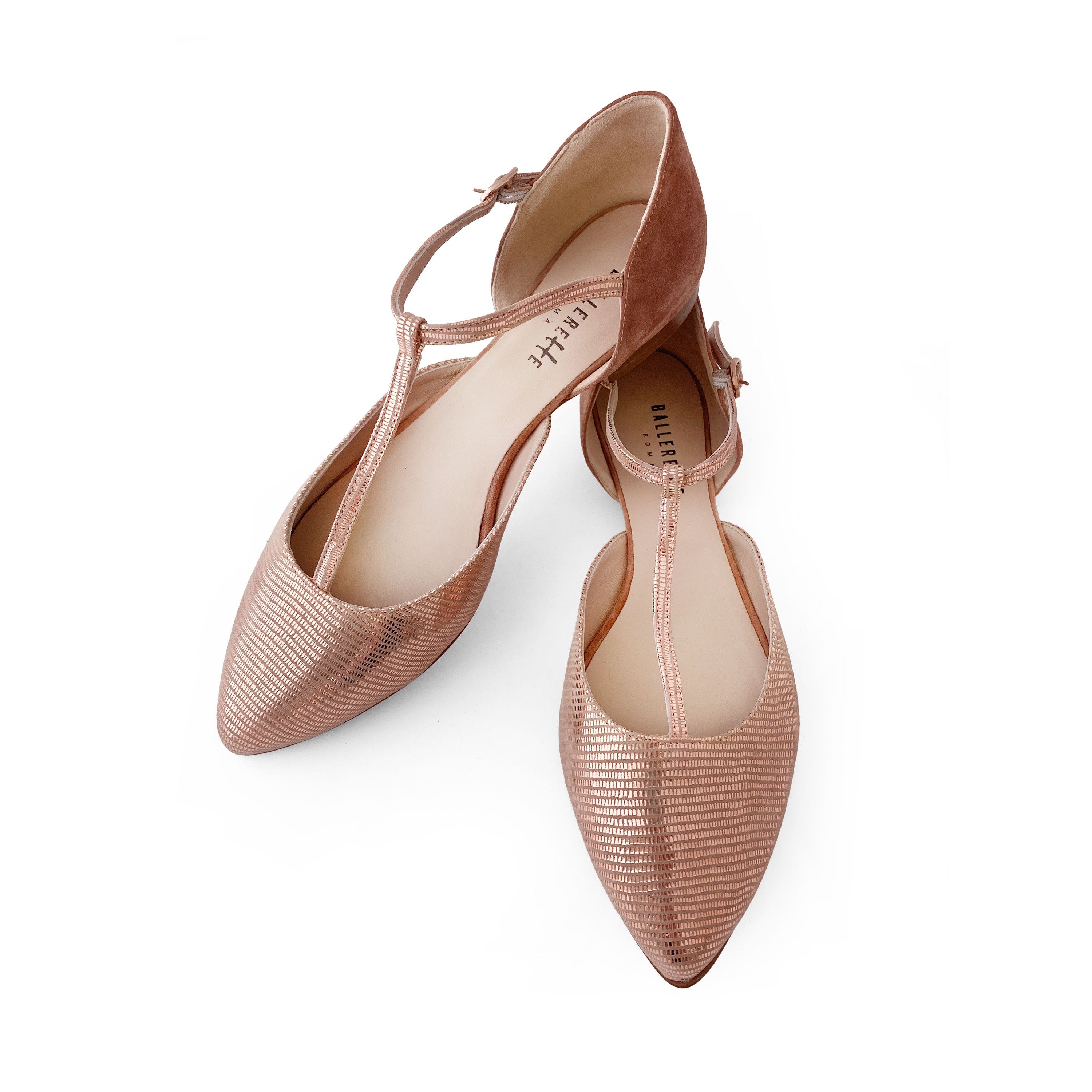 Powder pink laminated suede T-bar ballet flats