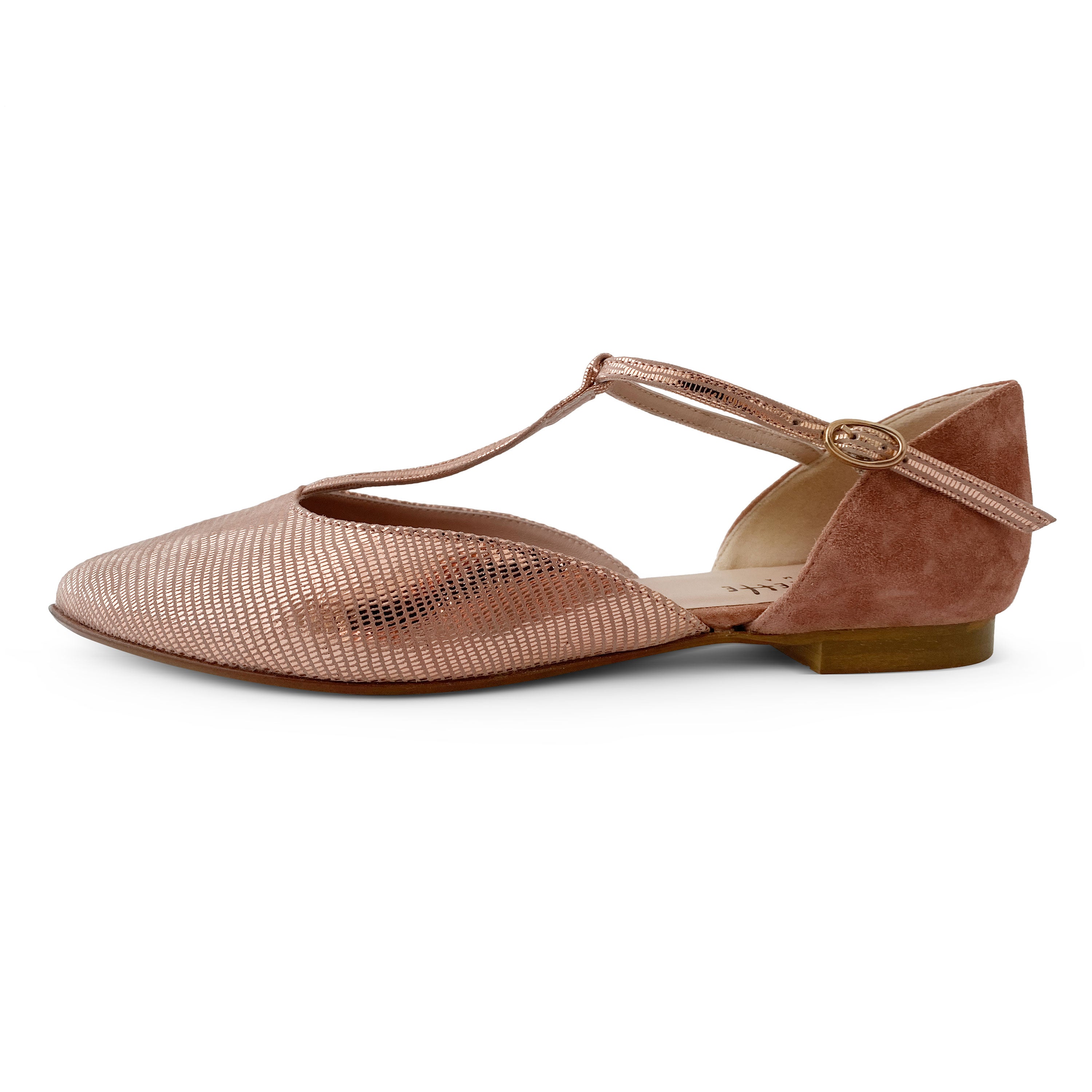 Powder pink laminated suede T-bar ballet flats