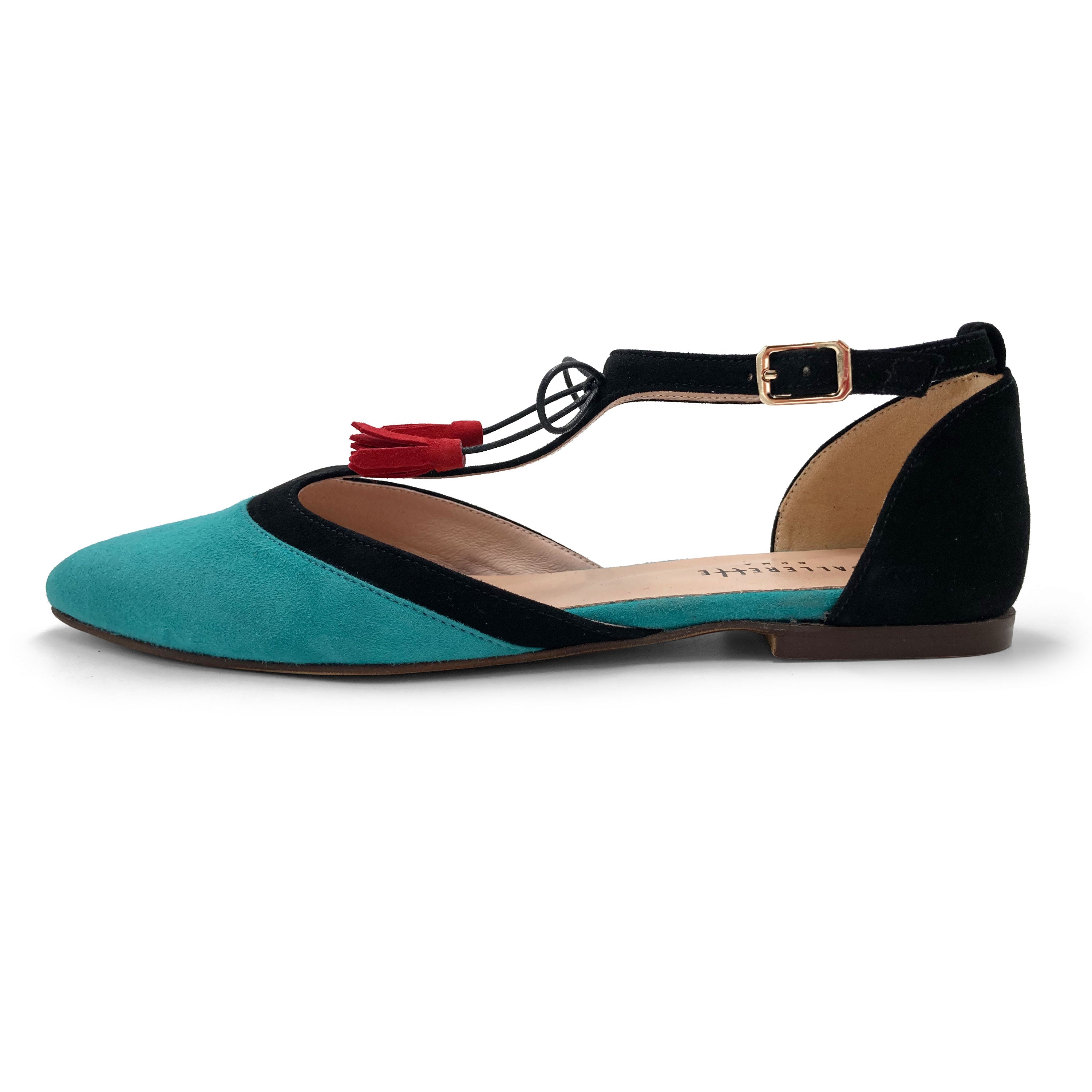 T-bar ballet flats in aqua and black suede