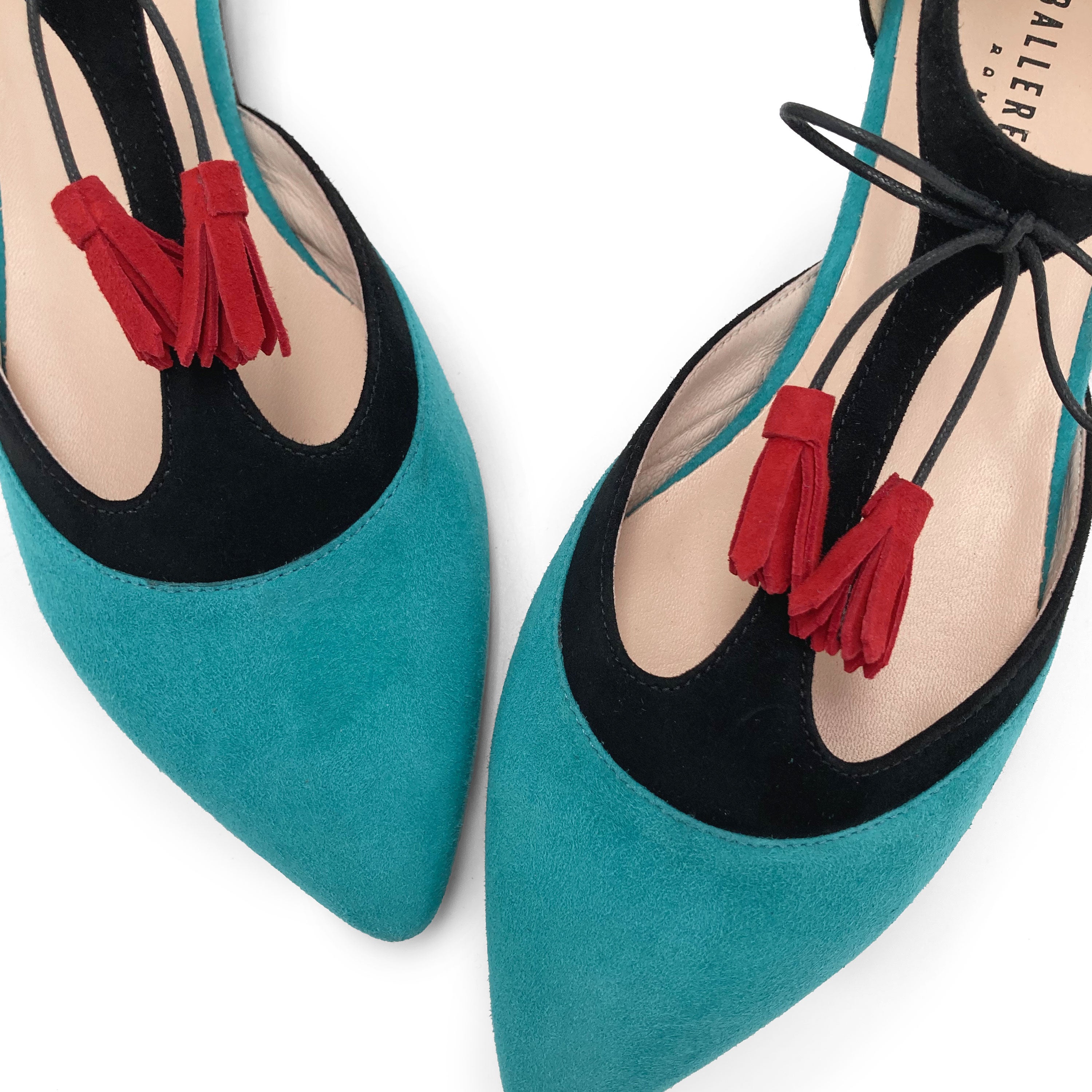 T-bar ballet flats in aqua and black suede