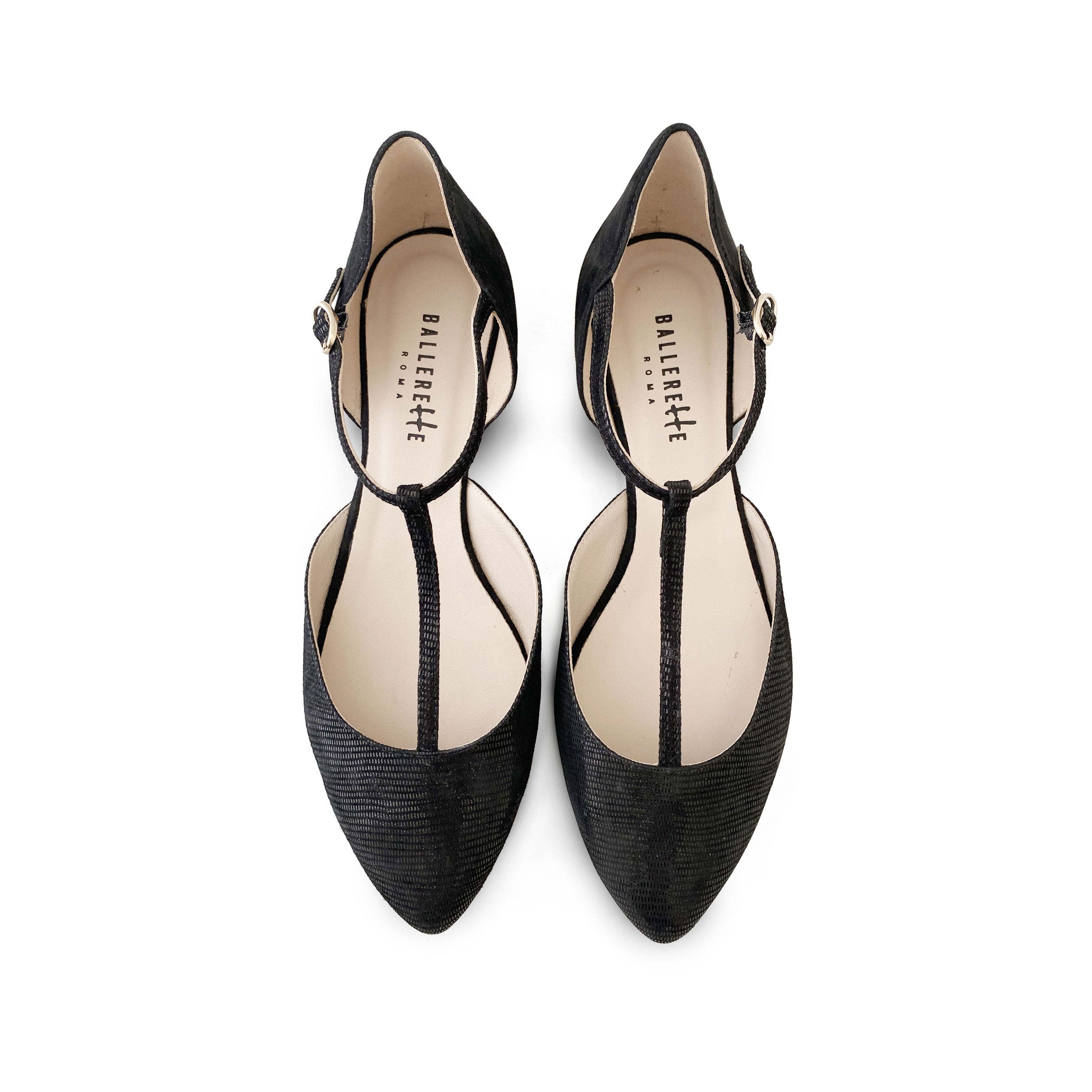 Black laminate suede t-bar ballet flats