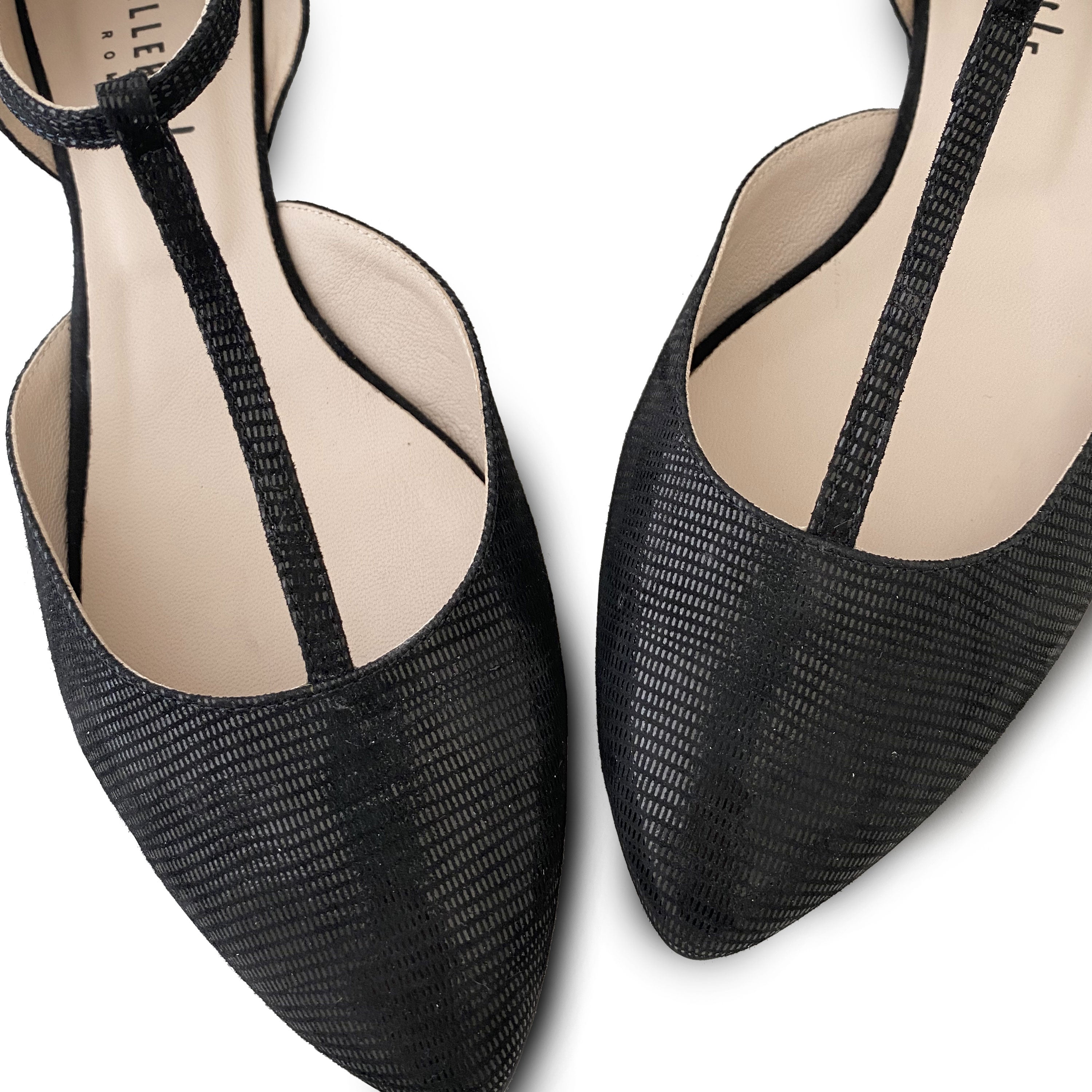 Black laminate suede t-bar ballet flats