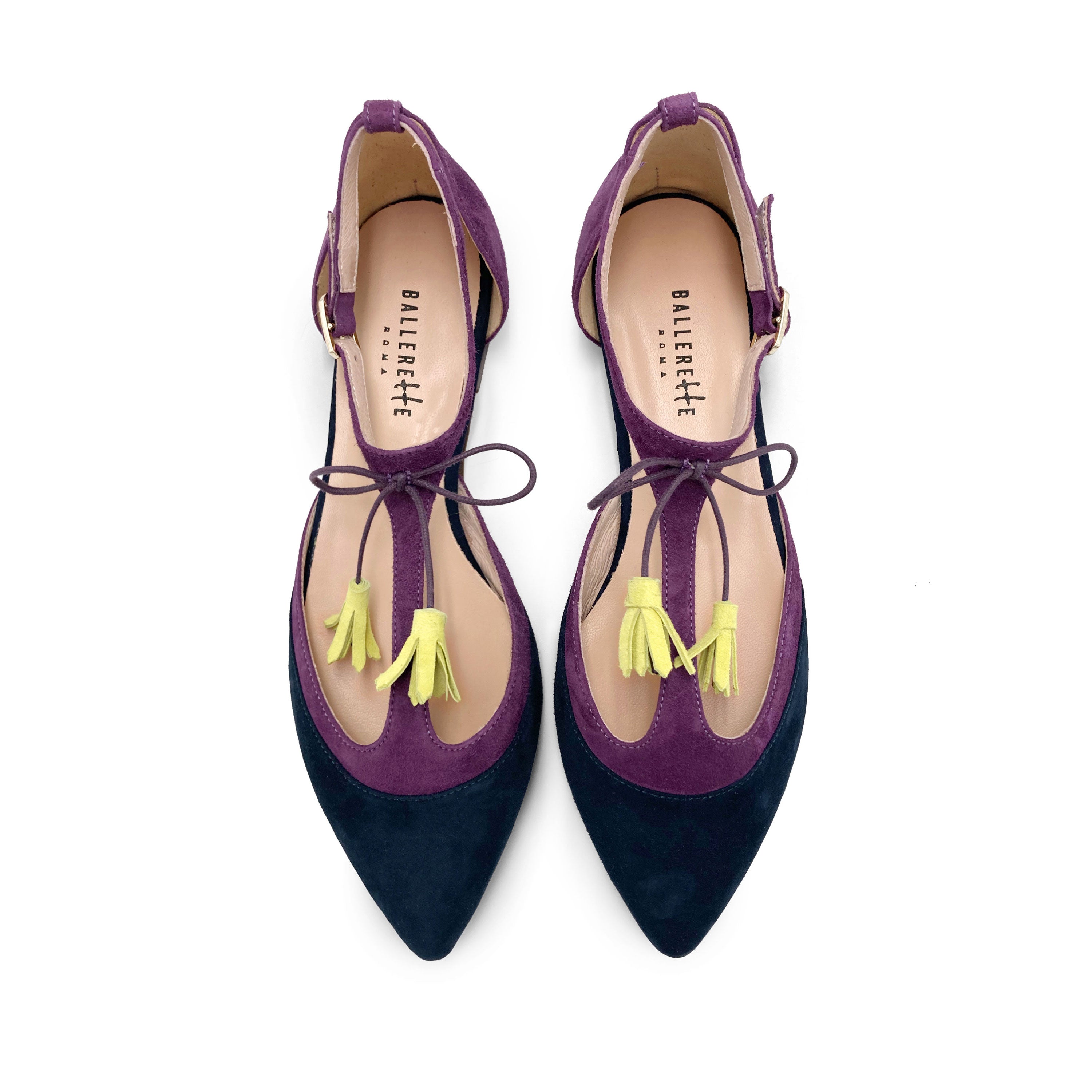 Ballerine T-bar in camoscio blu e viola