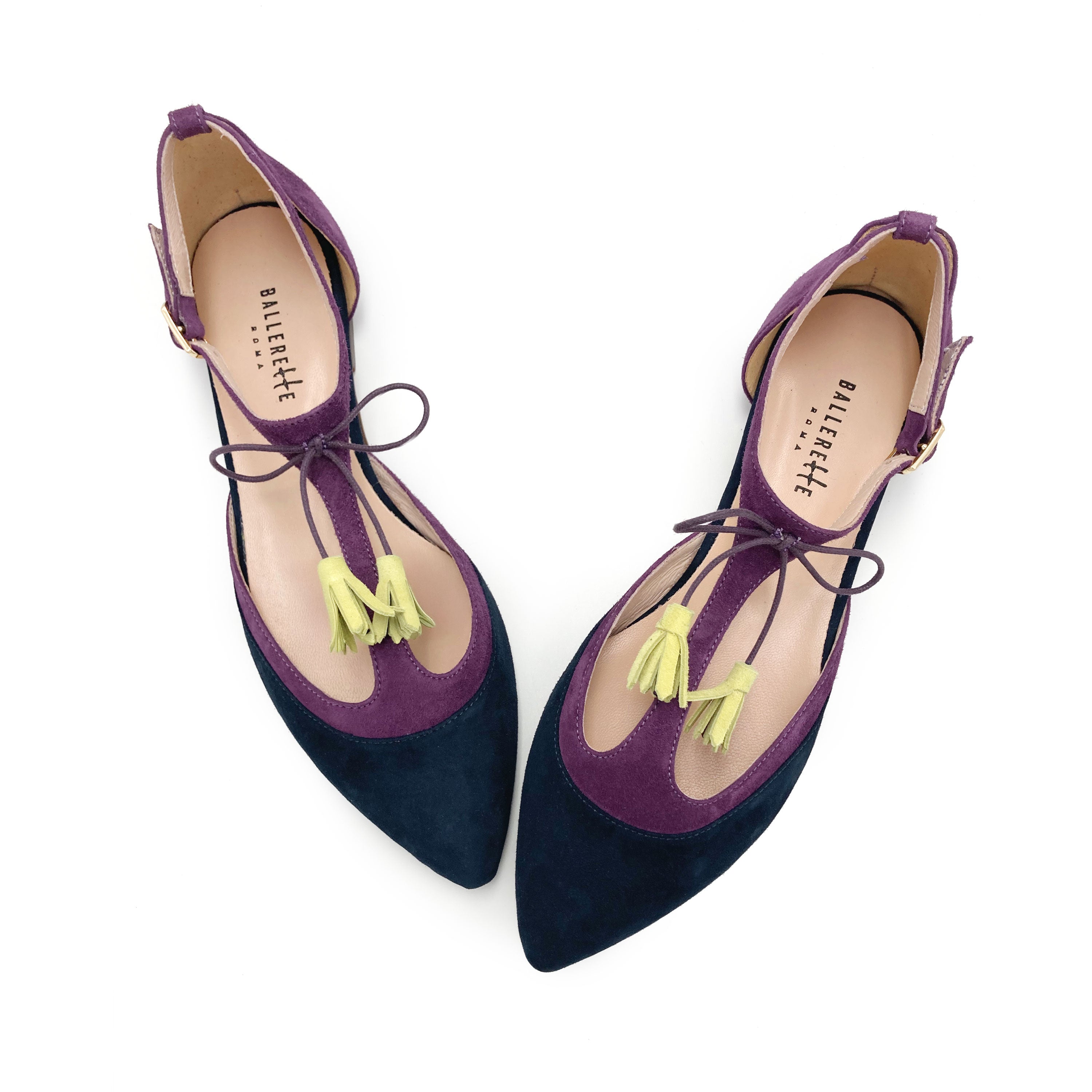 Ballerine T-bar in camoscio blu e viola