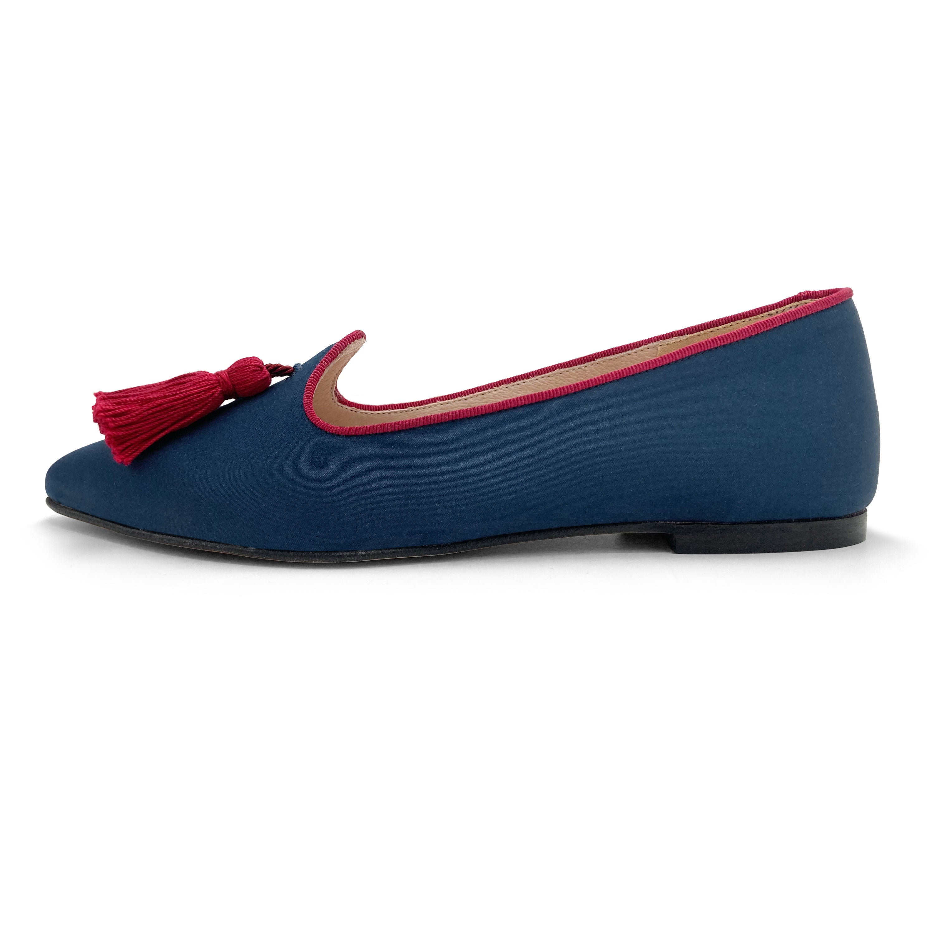 TT Go Green Collection - Mocassini donna blu in raso eco e nappine bordeaux