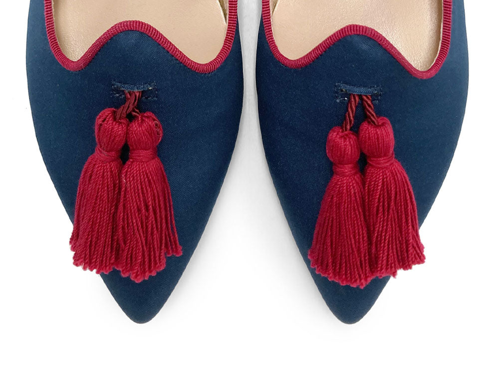 TT Go Green Collection - Mocassini donna blu in raso eco e nappine bordeaux