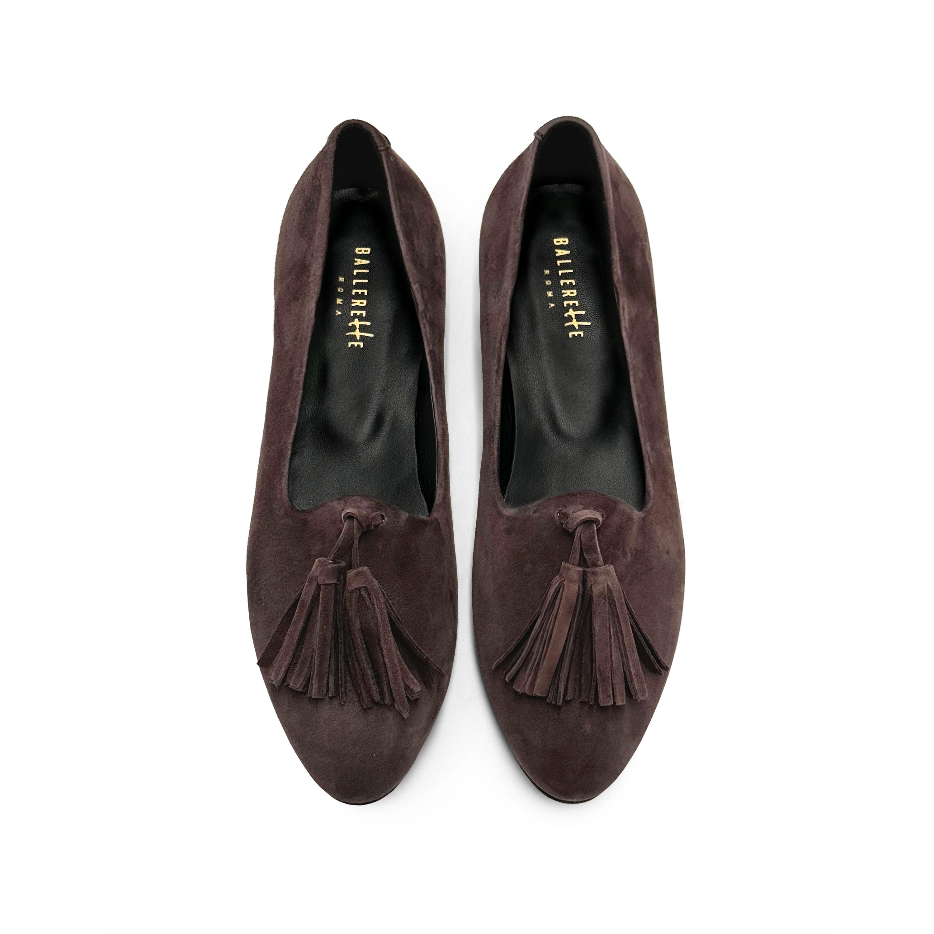 Mocassins femme en daim marron foncé à pompons