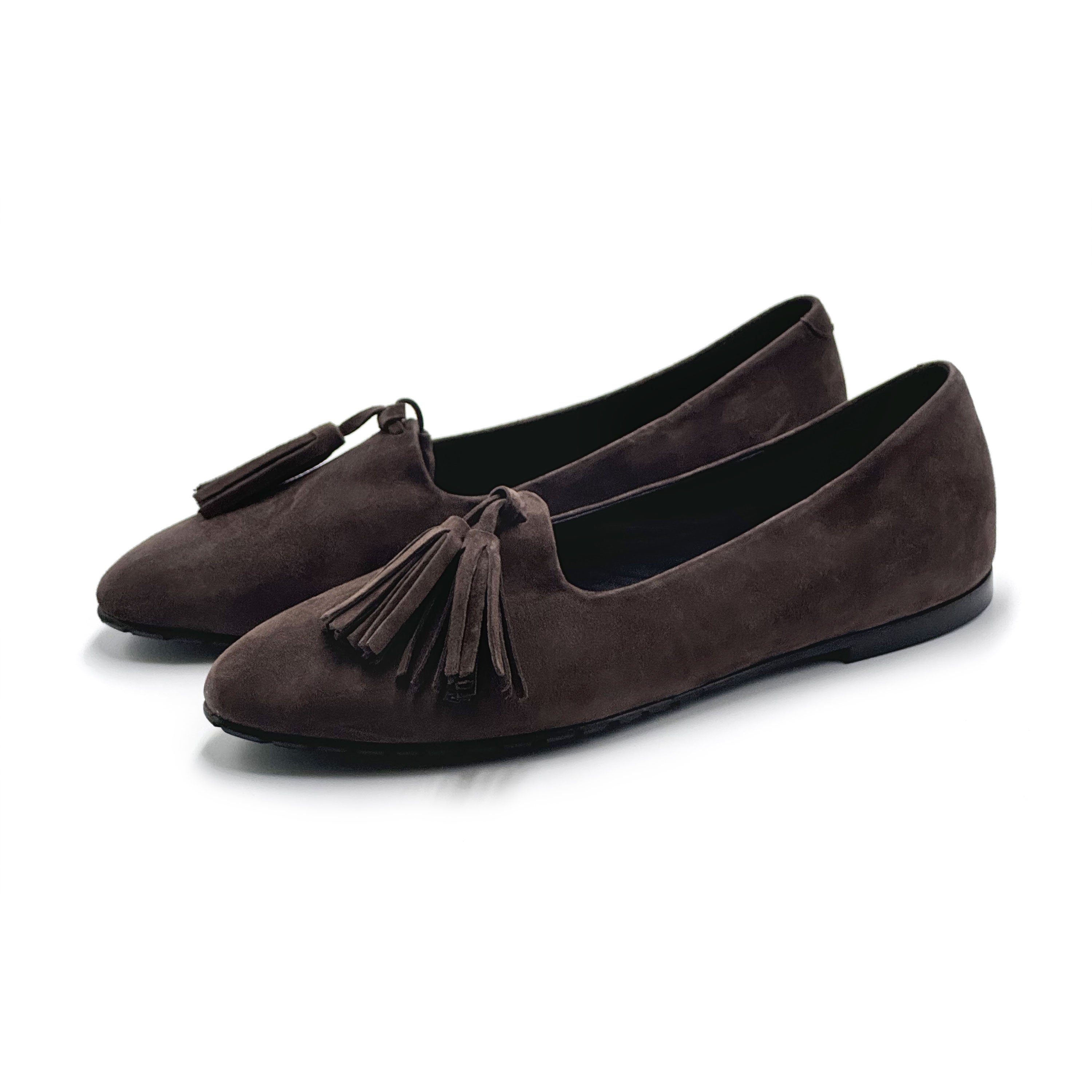 Mocassins femme en daim marron foncé à pompons
