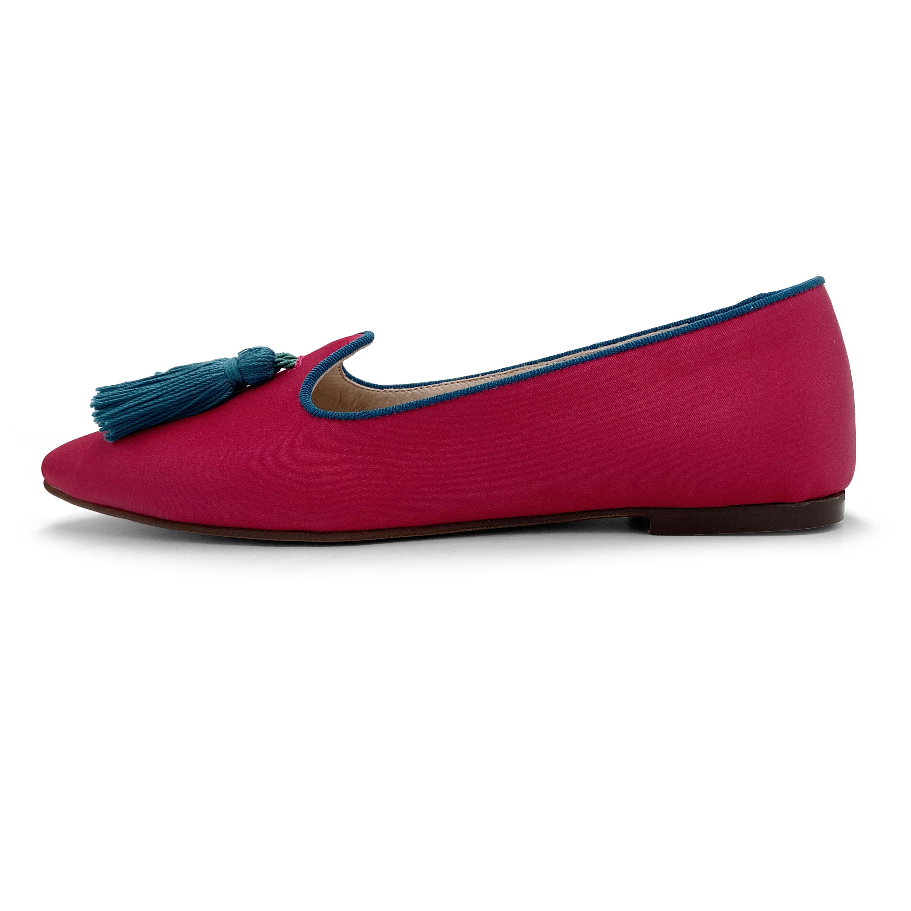 TT Go Green Collection - Mocasines de mujer en satén eco fucsia con borlas petróleo