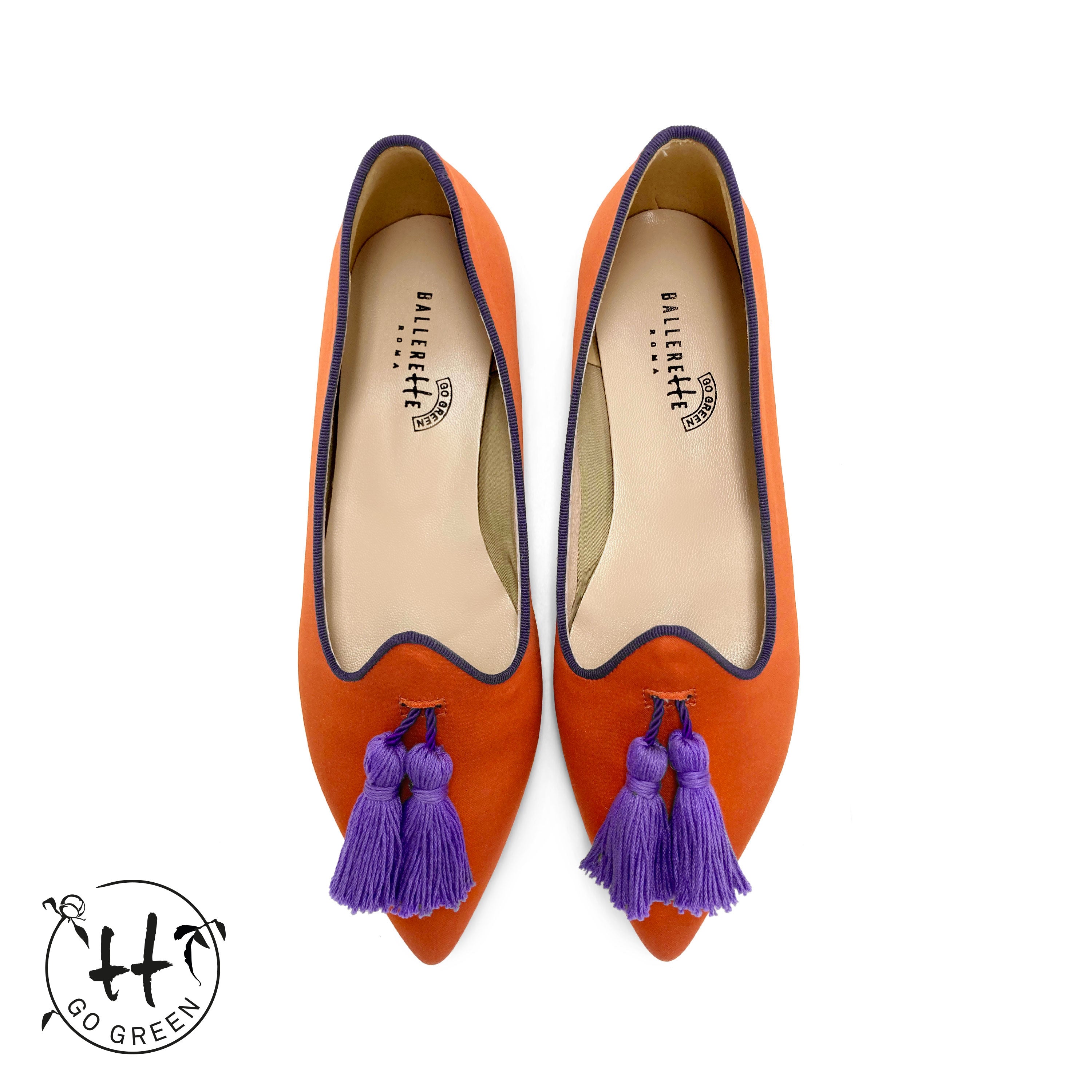 TT Go Green Collection - Mocassini donna arancio in raso eco e nappine viola