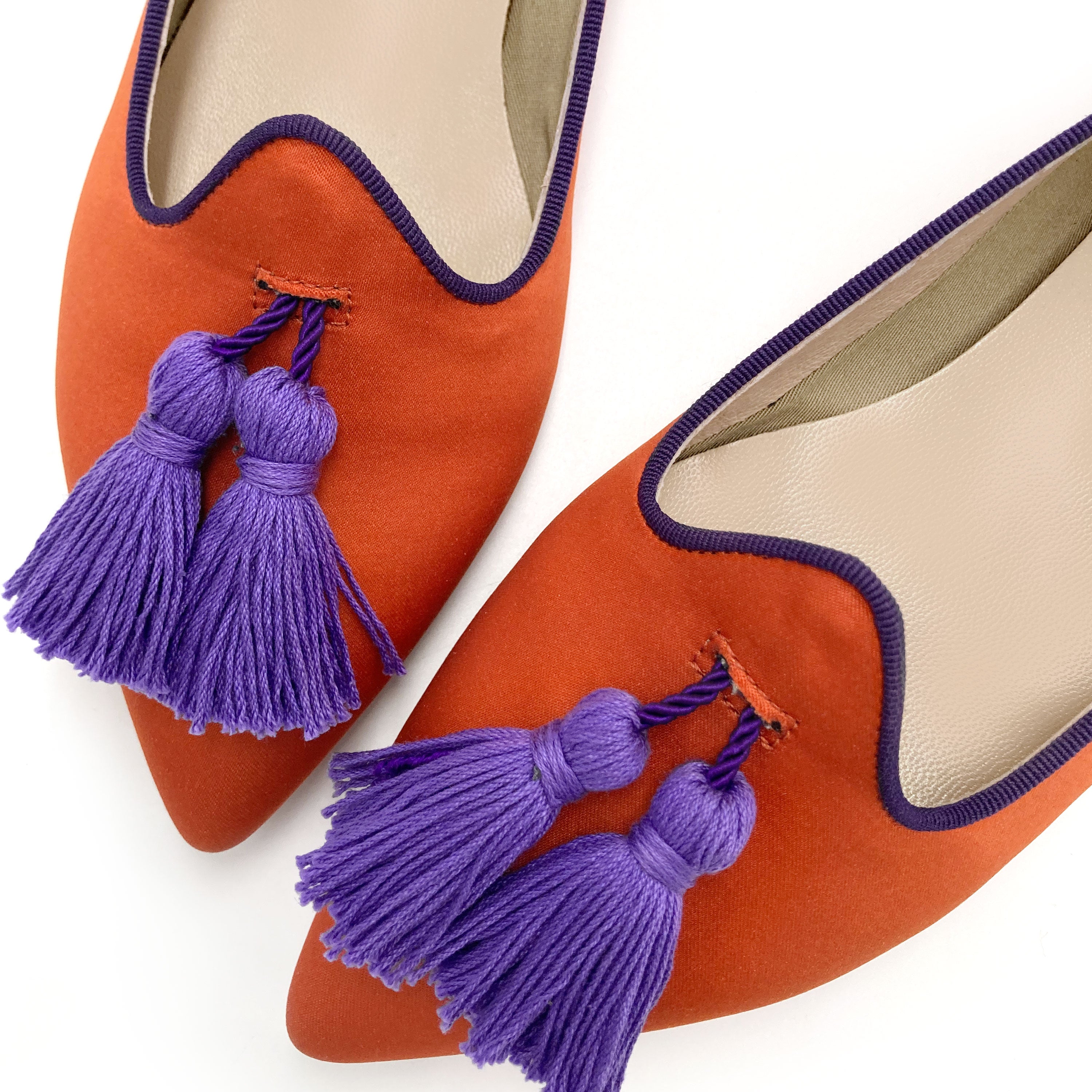 TT Go Green Collection - Mocassini donna arancio in raso eco e nappine viola
