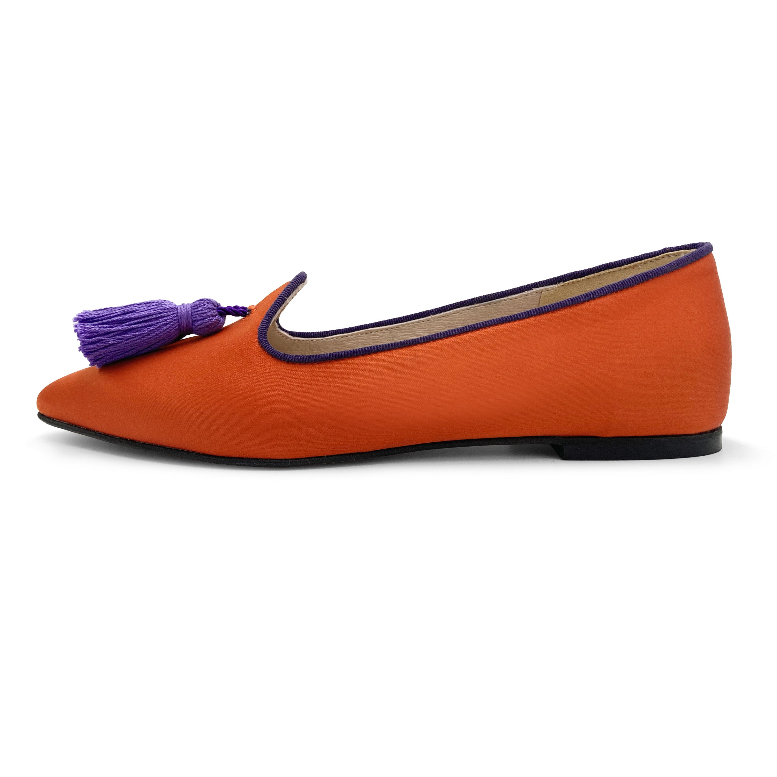 TT Go Green Collection - Mocassini donna arancio in raso eco e nappine viola