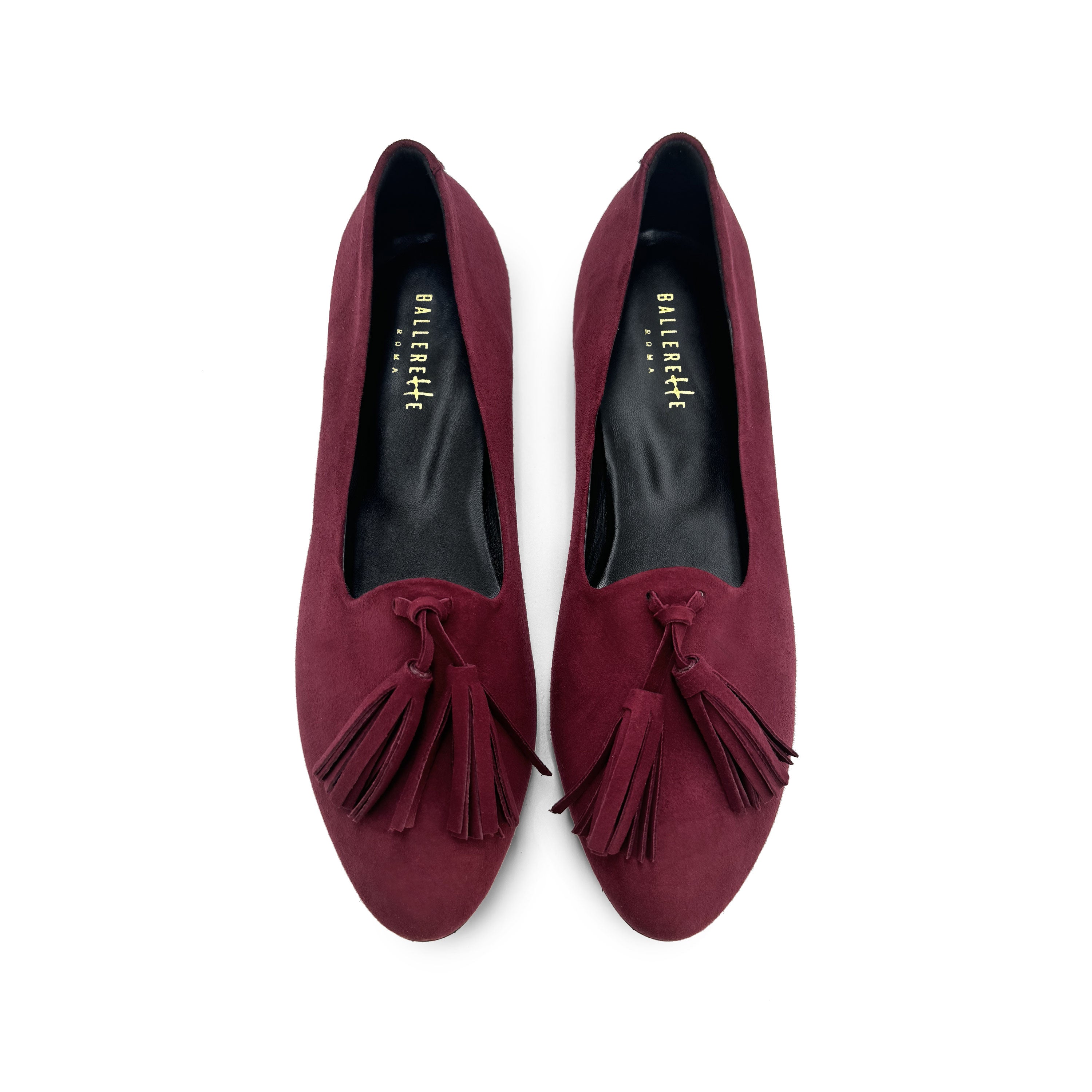 Mocassins femme en daim bordeaux à pompons
