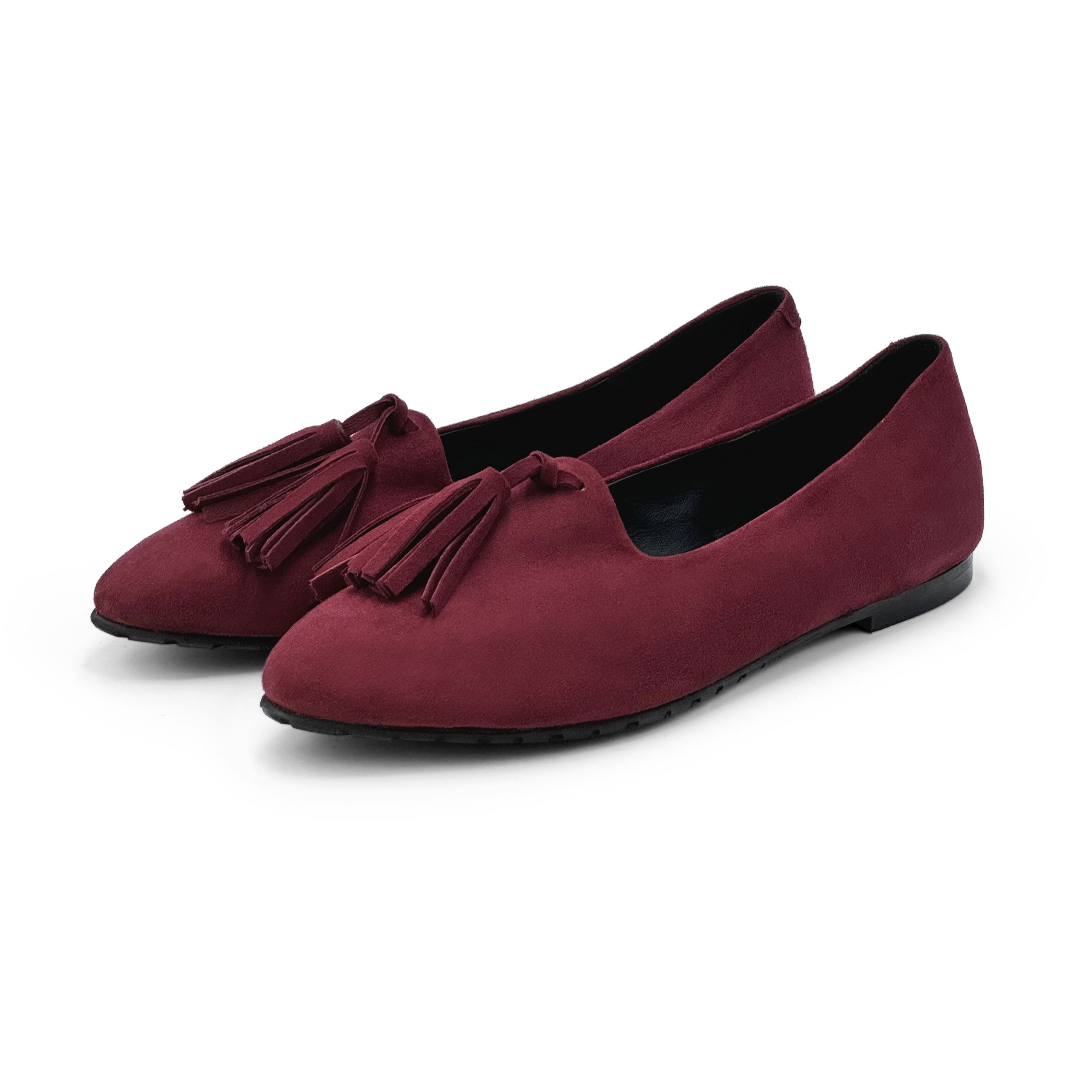 Mocassins femme en daim bordeaux à pompons