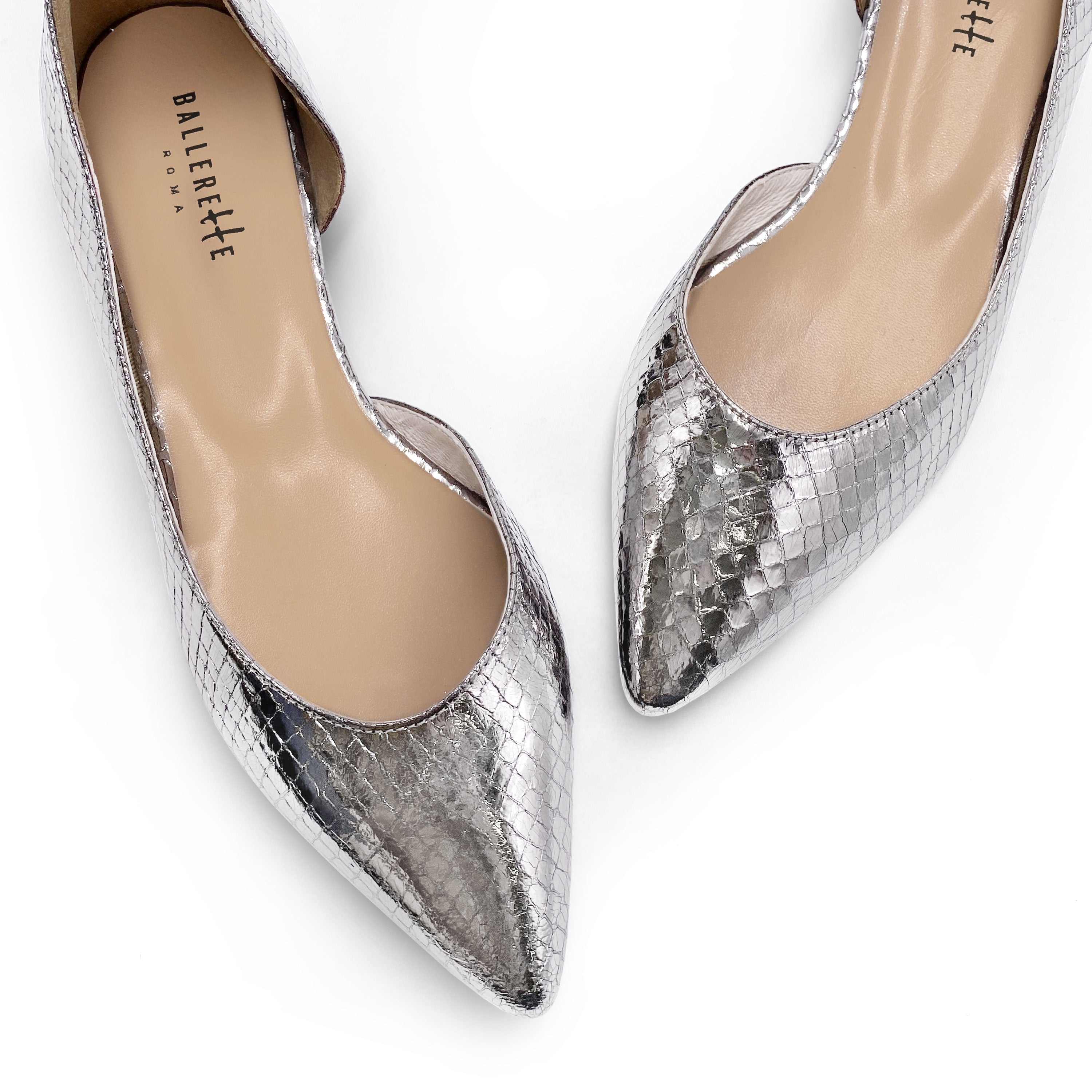 Ballerine aperte a punta laminate argento