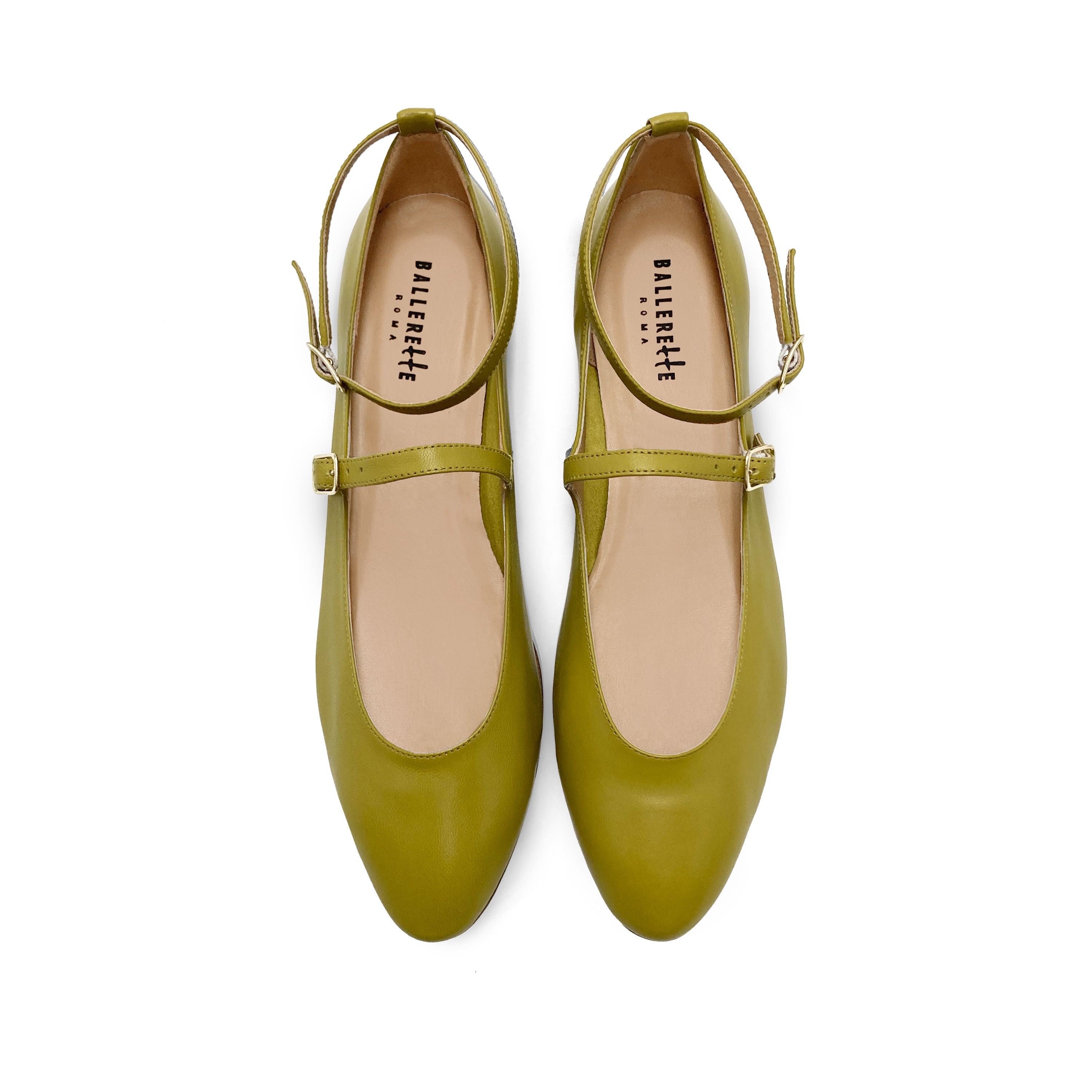 Olivegrüne Mary Jane Ballerinas mit Riemen